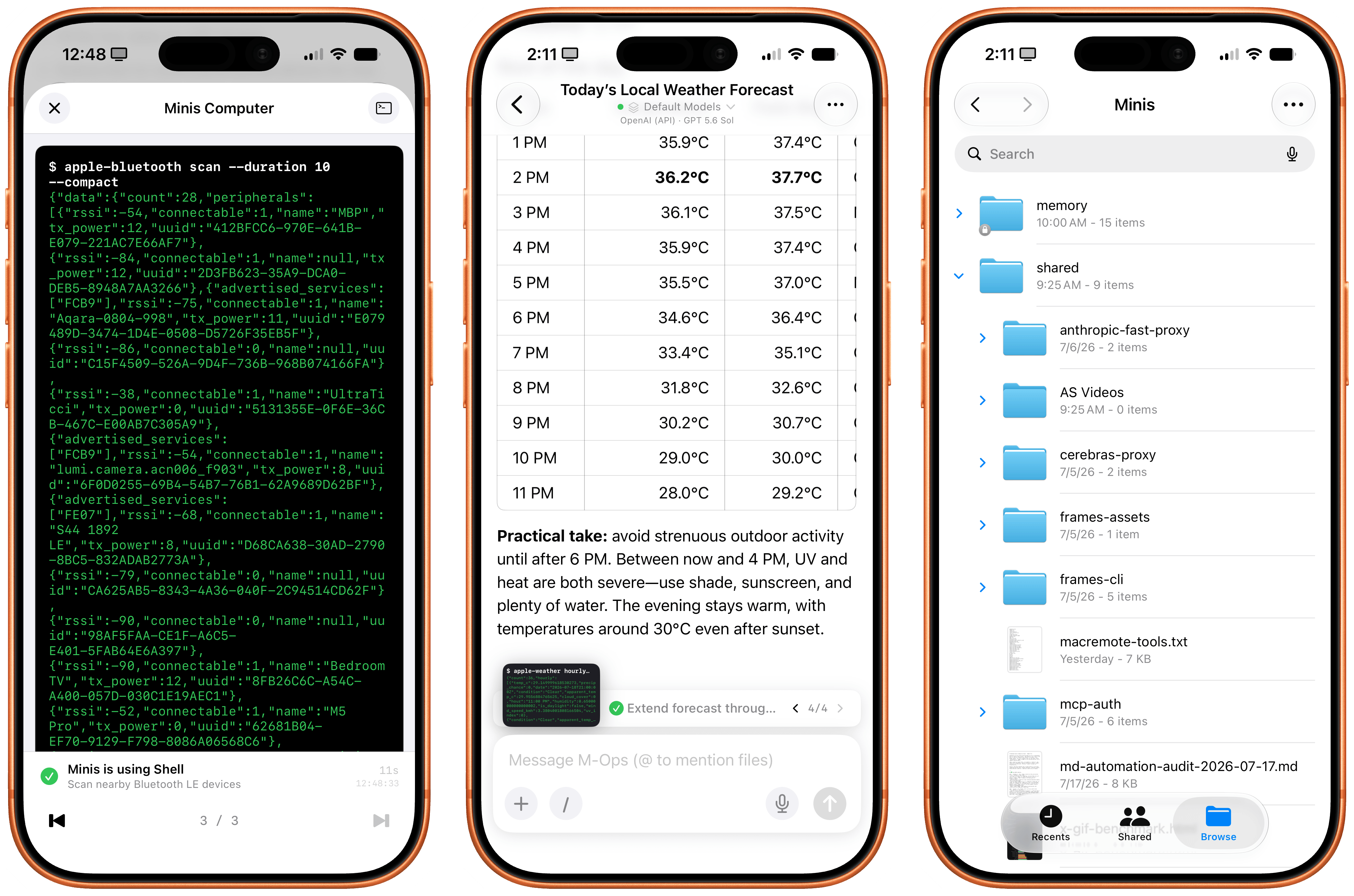 Minis’ built-in shell (left) and dedicated workspace in the Files app (right).