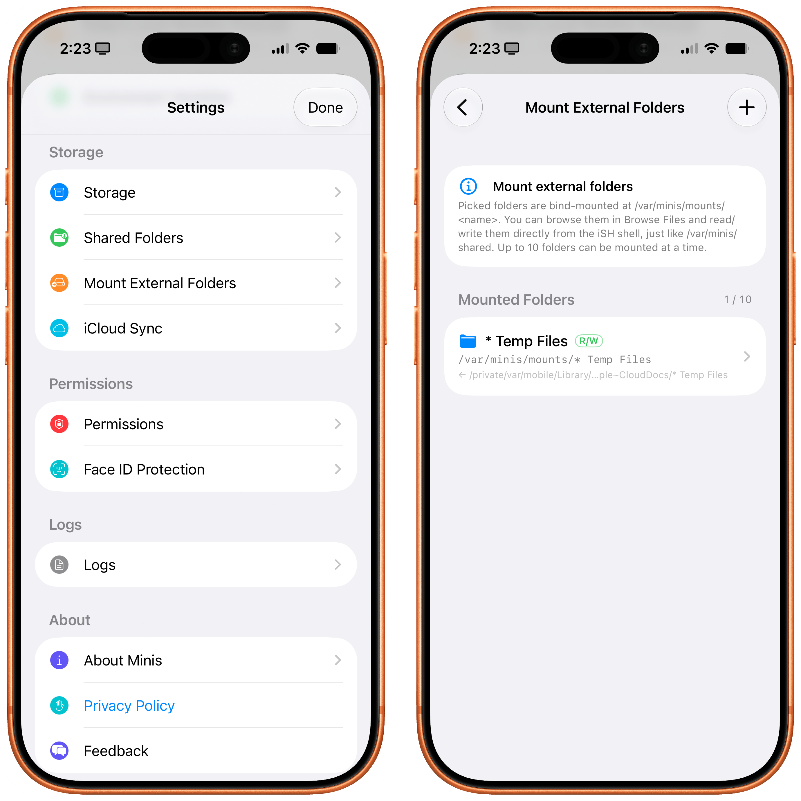 Minis’ settings for managing mounted folders.