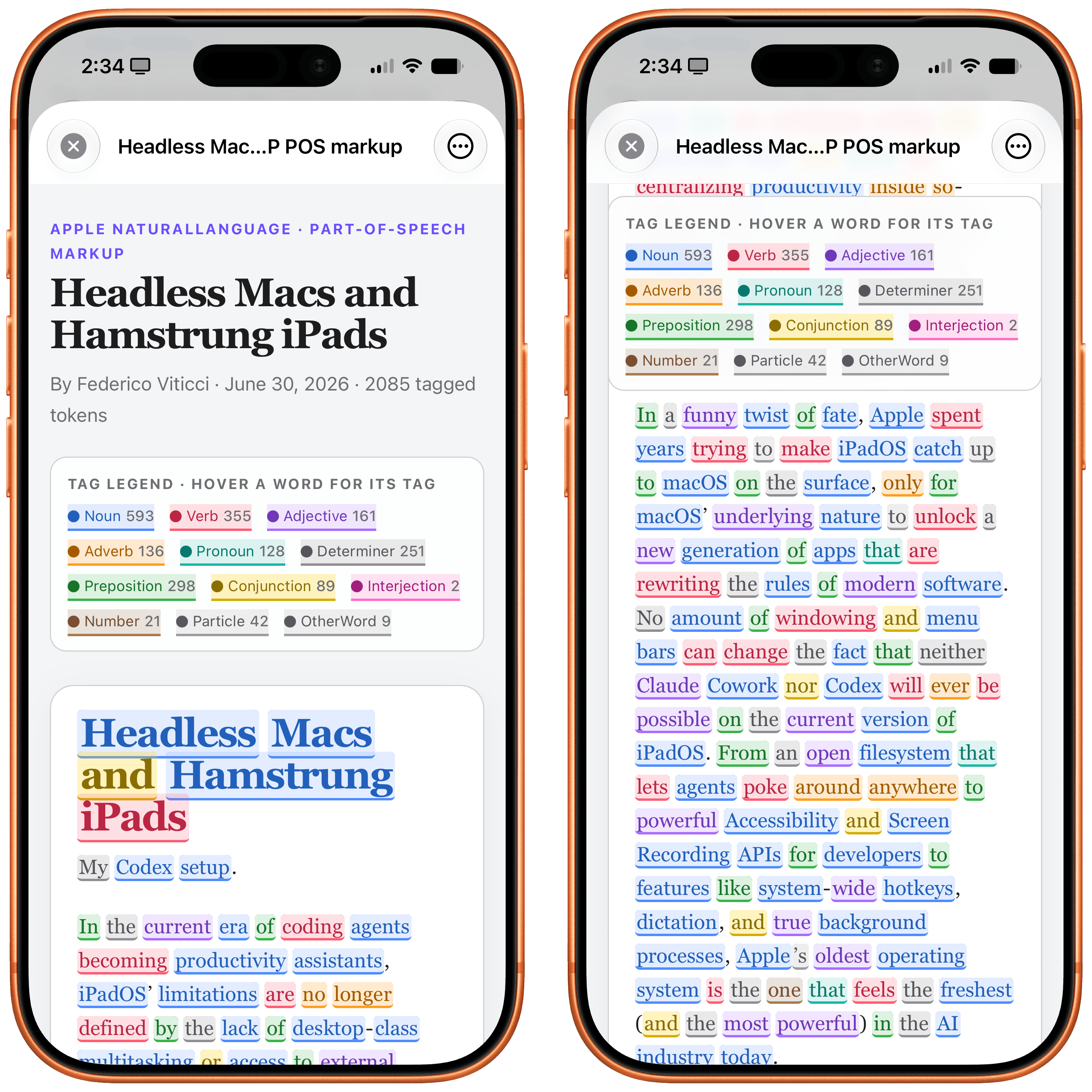 Parts of speech tagged with Apple’s native NLP framework.