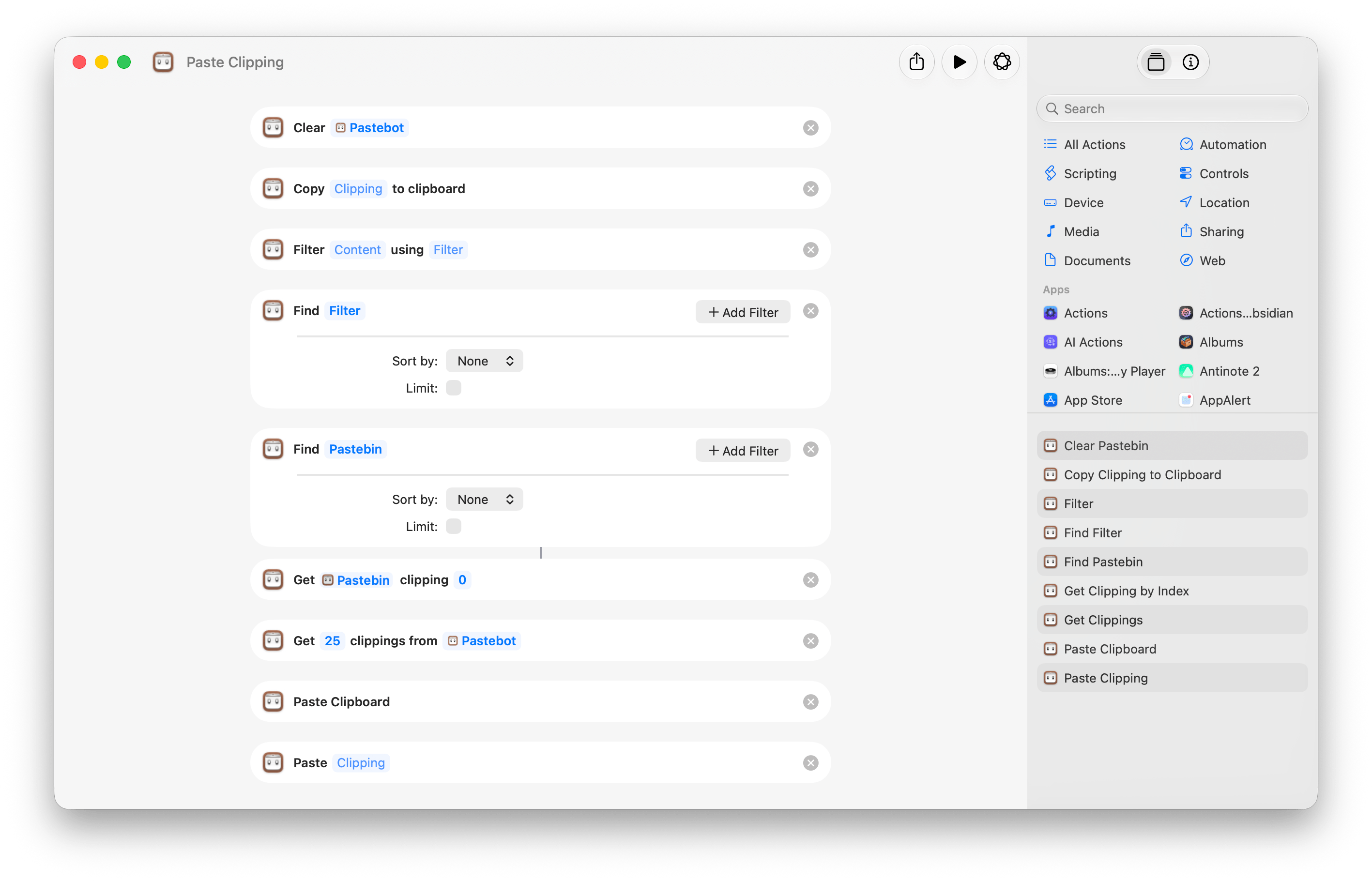 Pastebot’s Shortcuts actions.