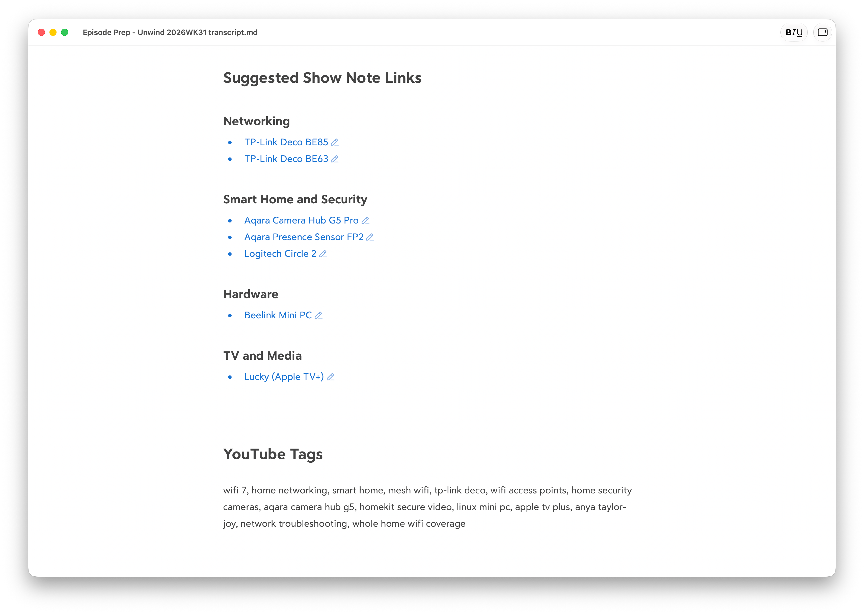 YouTube tags and suggested show notes links generated by Claude.
