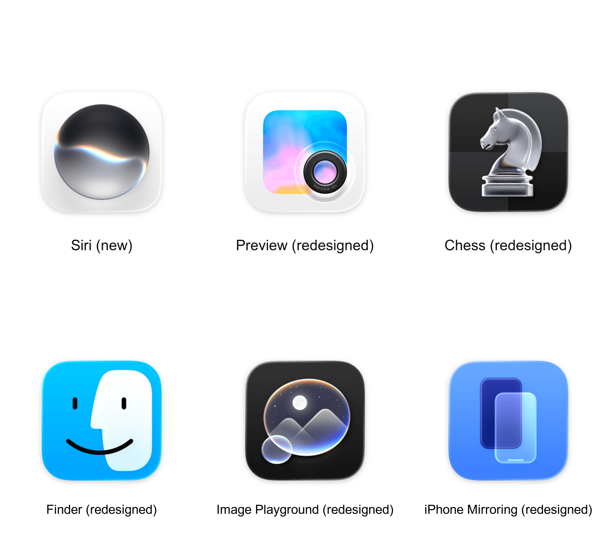 The new Siri icon alongside redesigned icons for Preview, Chess, Finder, Image Playground, and iPhone Mirroring.