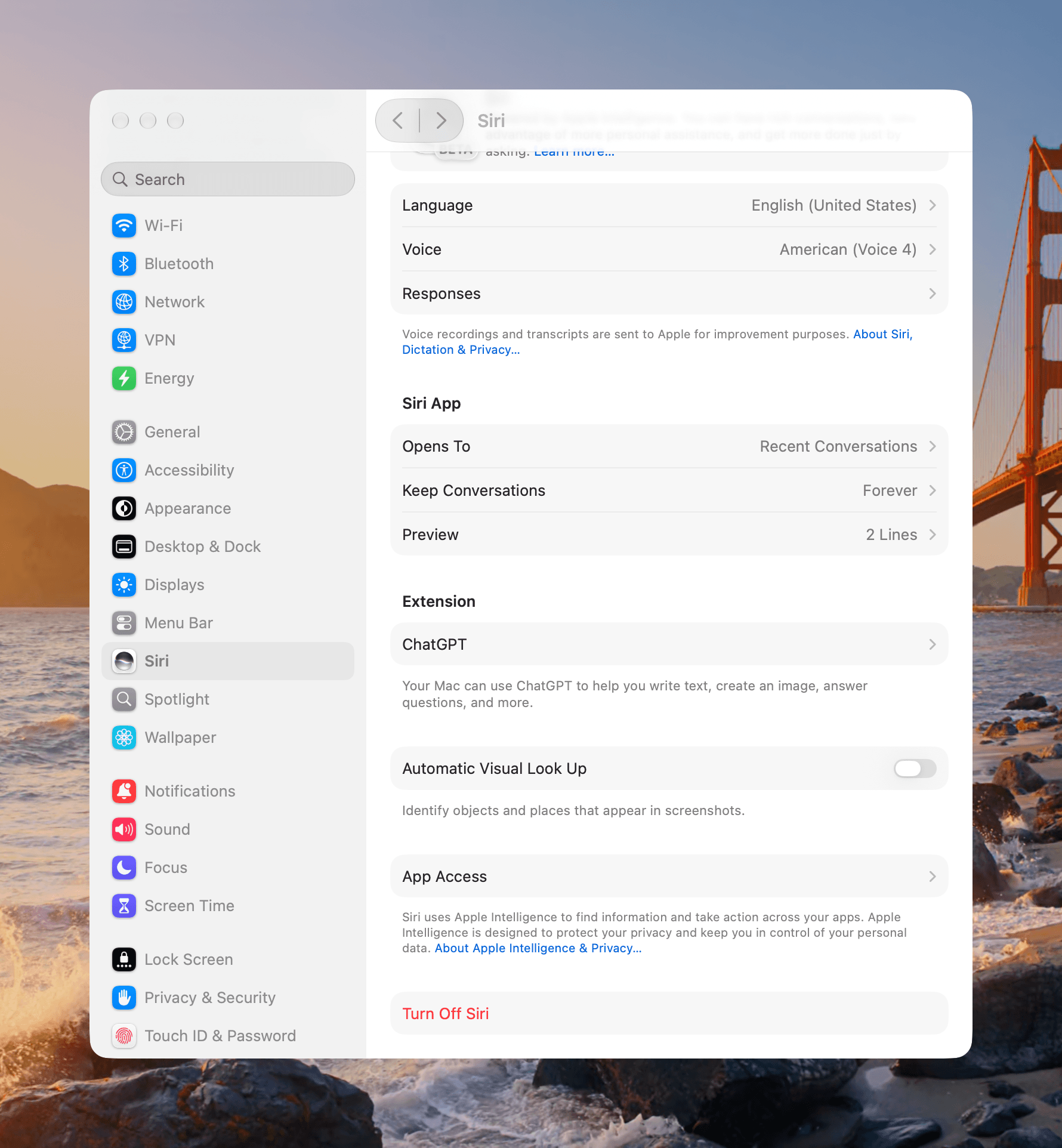 The Siri app's settings are part of System Settings' broader set of Siri settings.