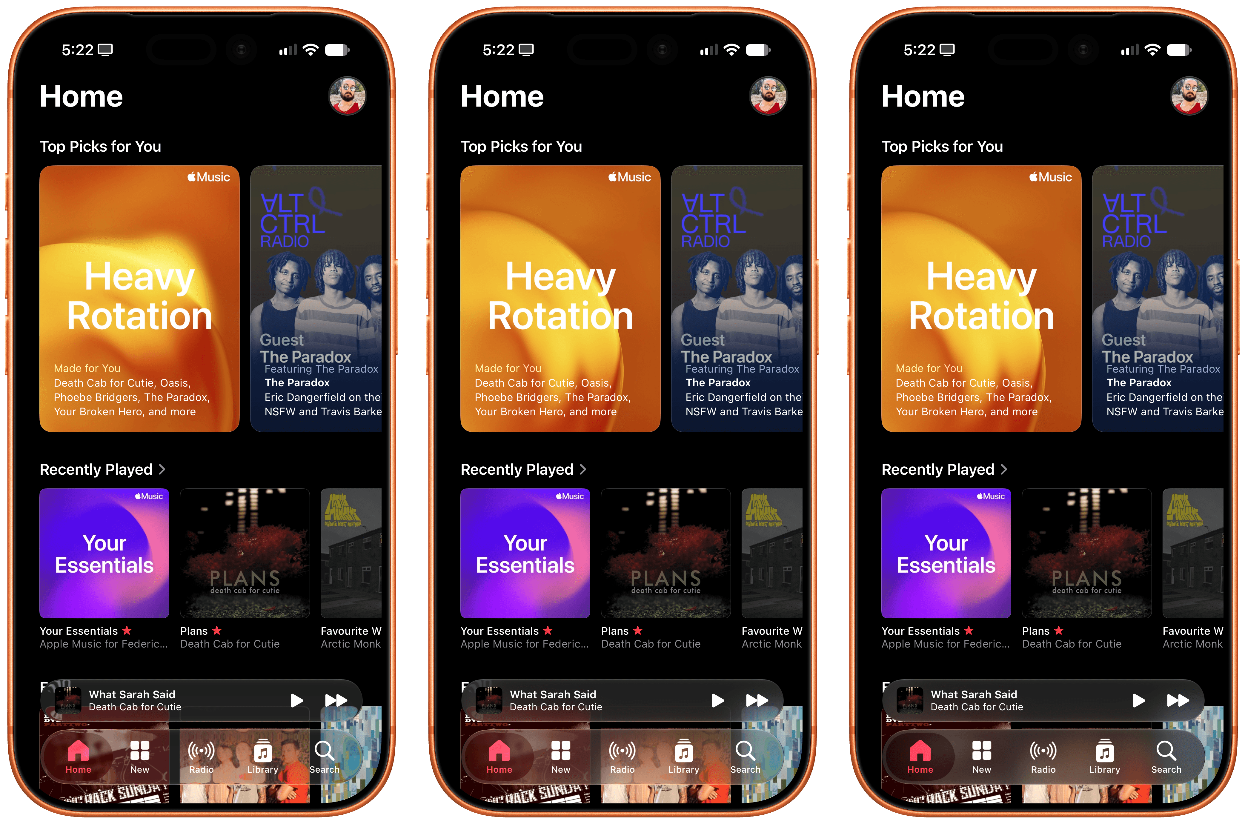 The same app with clearest Liquid Glass (left), default (center), and tinted.
