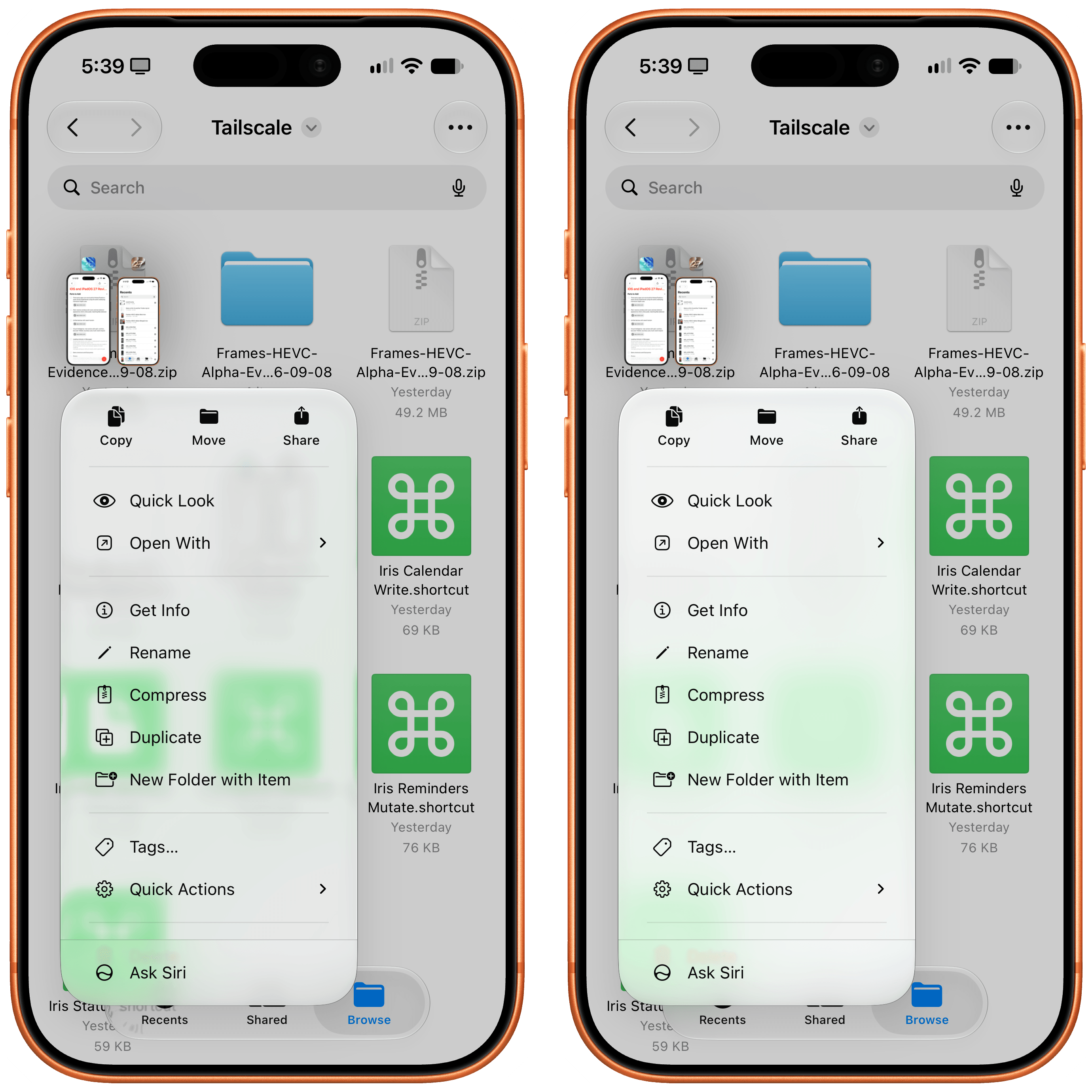 A context menu in Files with clear (left) and tinted Liquid Glass.