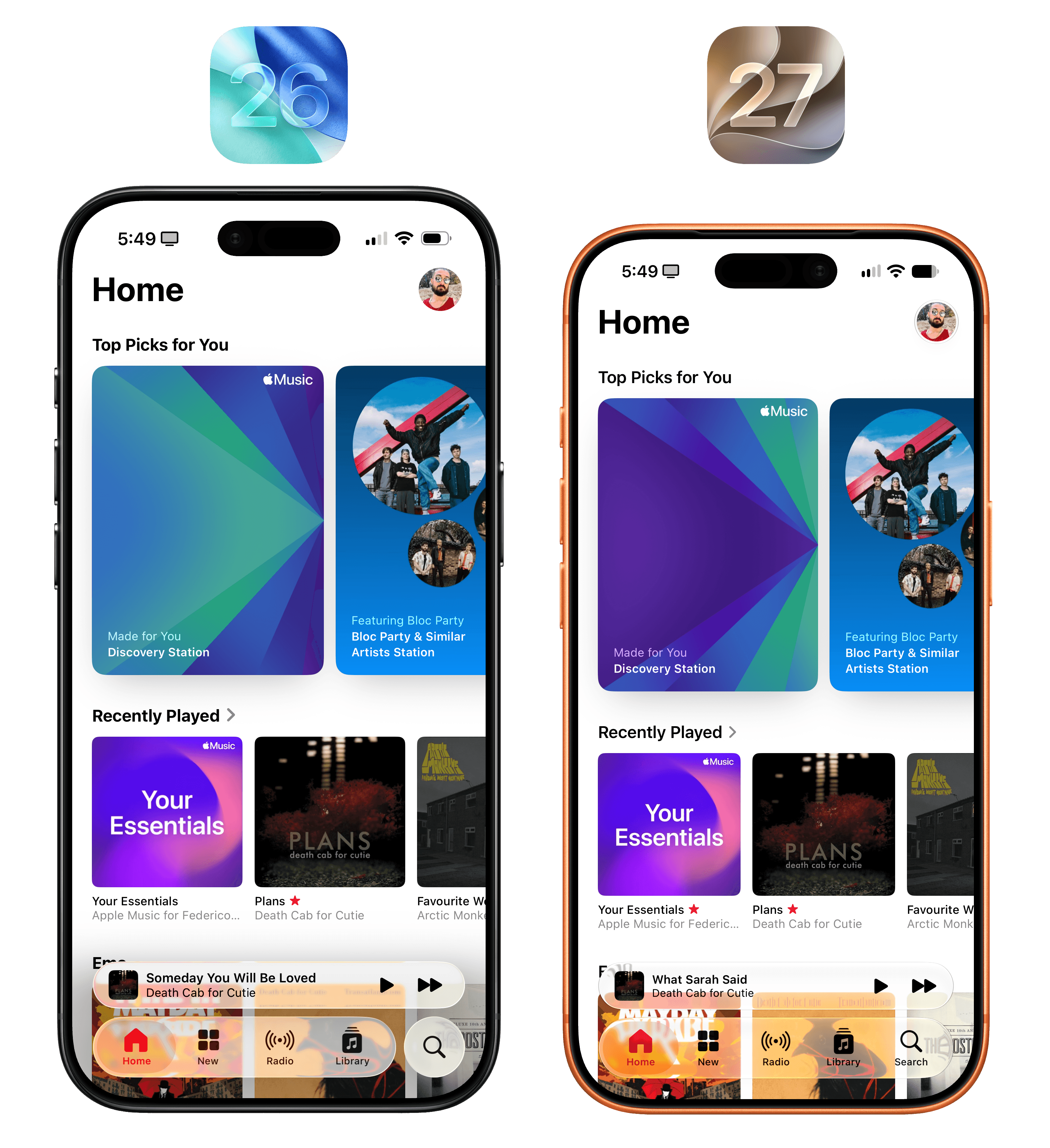 iOS 26’s clear Liquid Glass vs. iOS 27’s clearest setting.