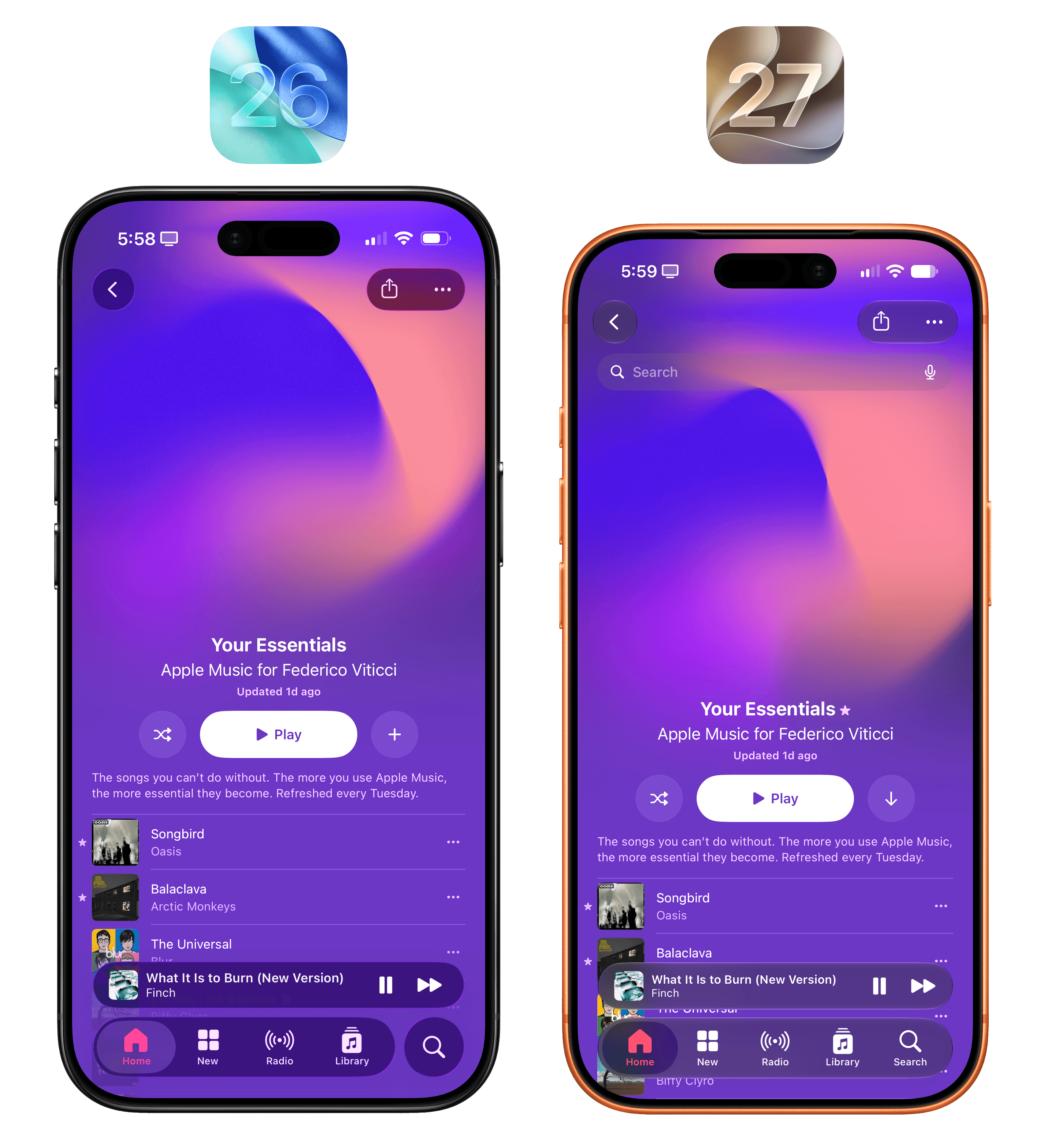 Tinted Liquid Glass across iOS 26 and 27. Notice the more “layered” appearance of iOS 27’s material.