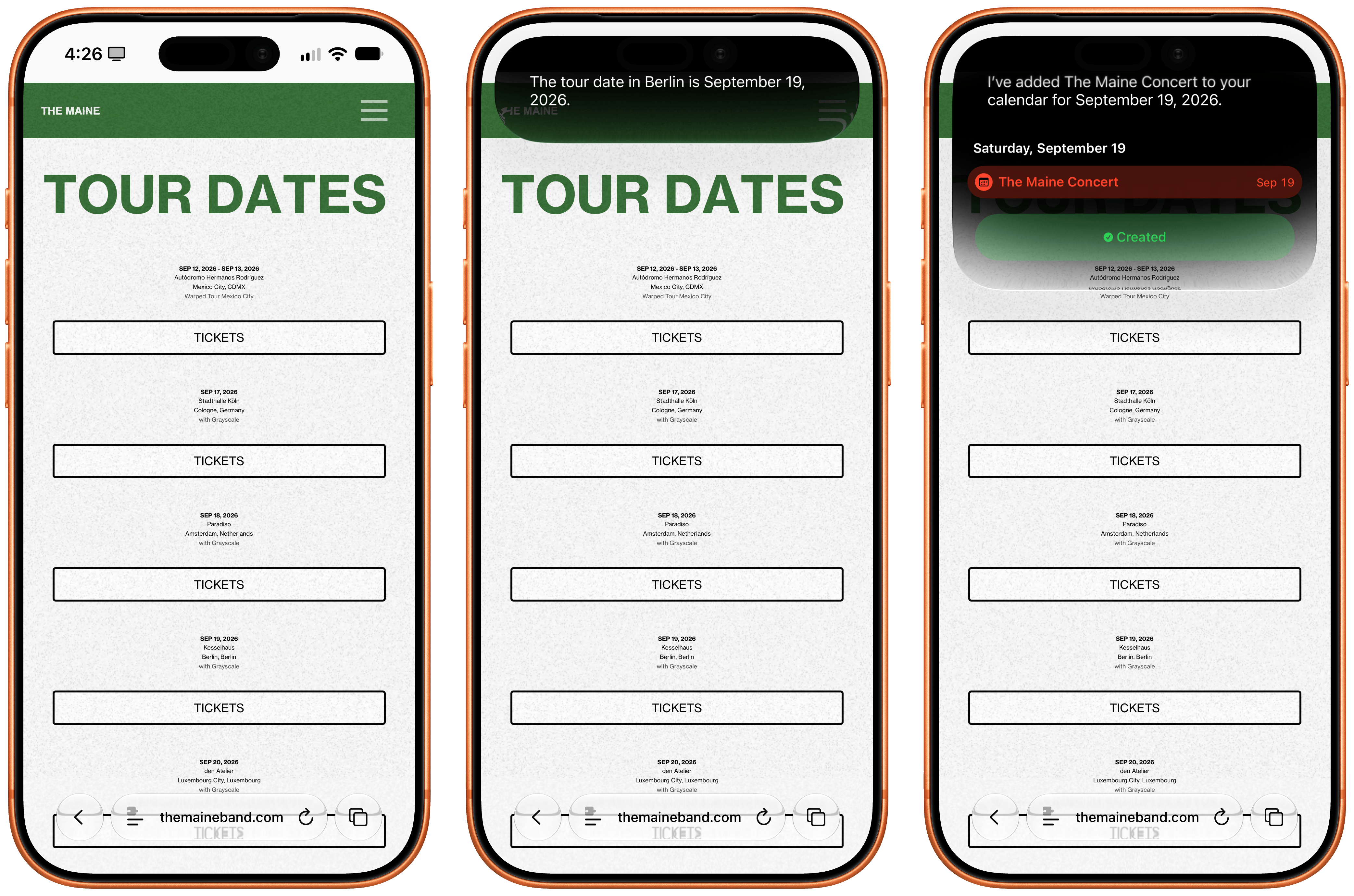 Adding a concert date to my calendar with Siri.