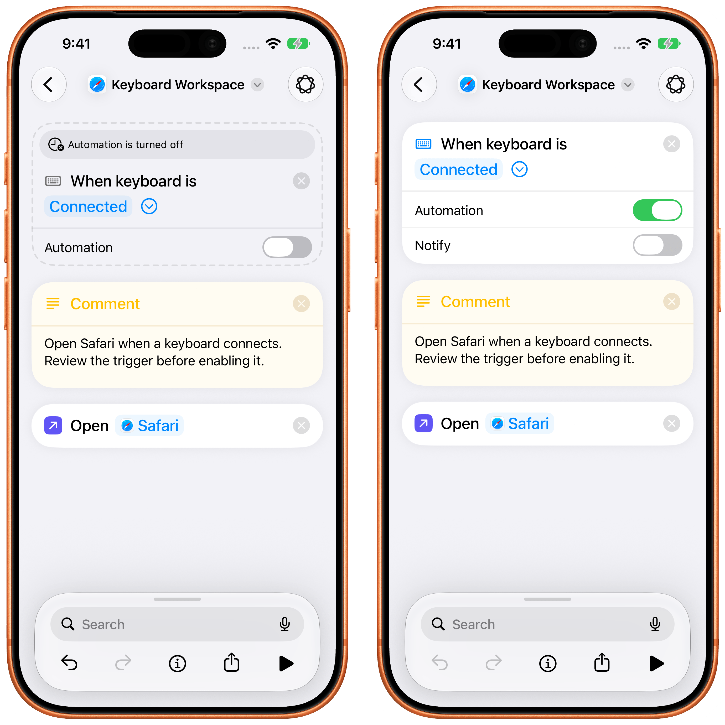 A disabled automation (left).