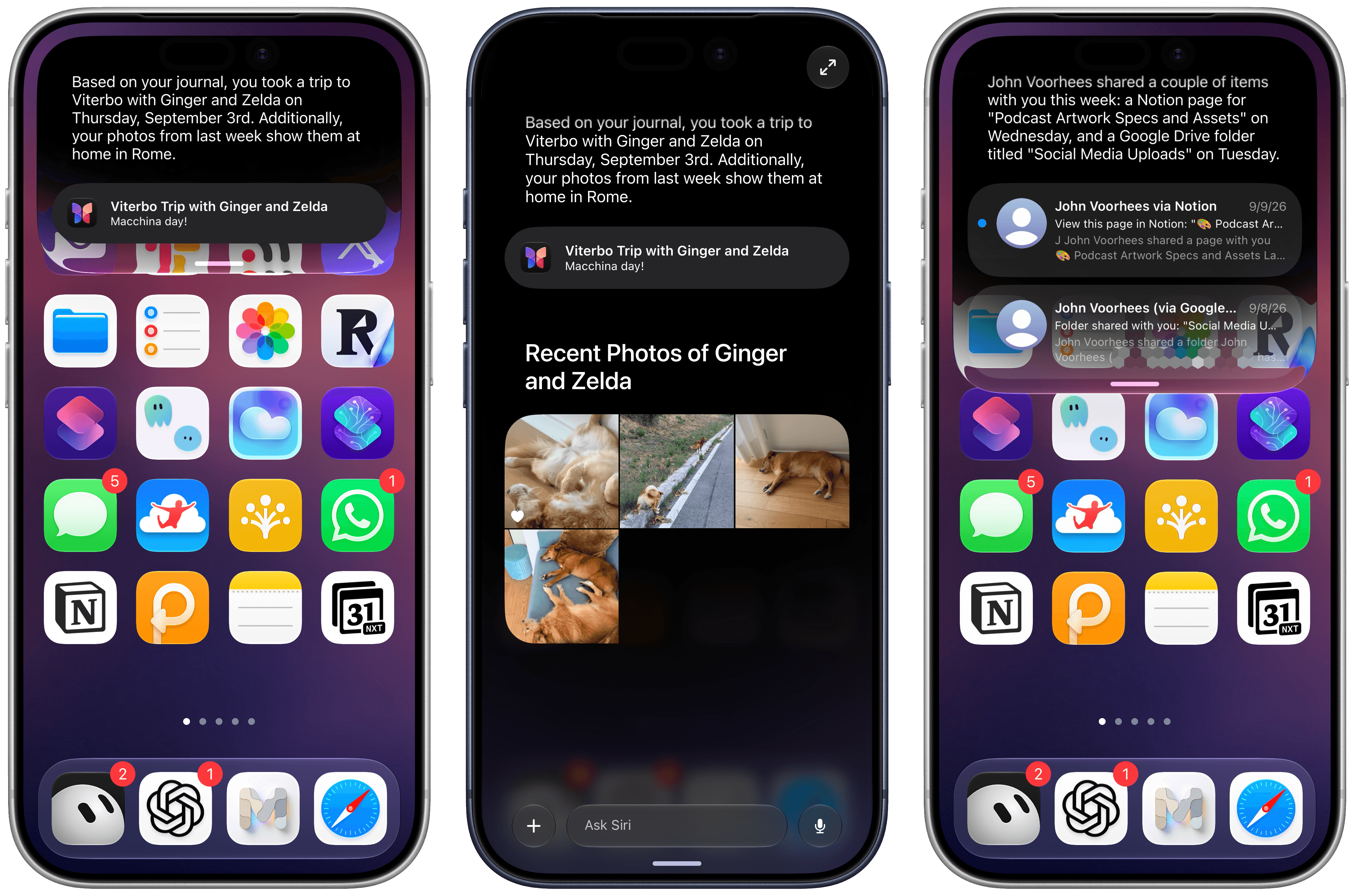 Examples of personal context in action. You can always expand Siri snippets to go full-screen and continue typing, chatbot-style.