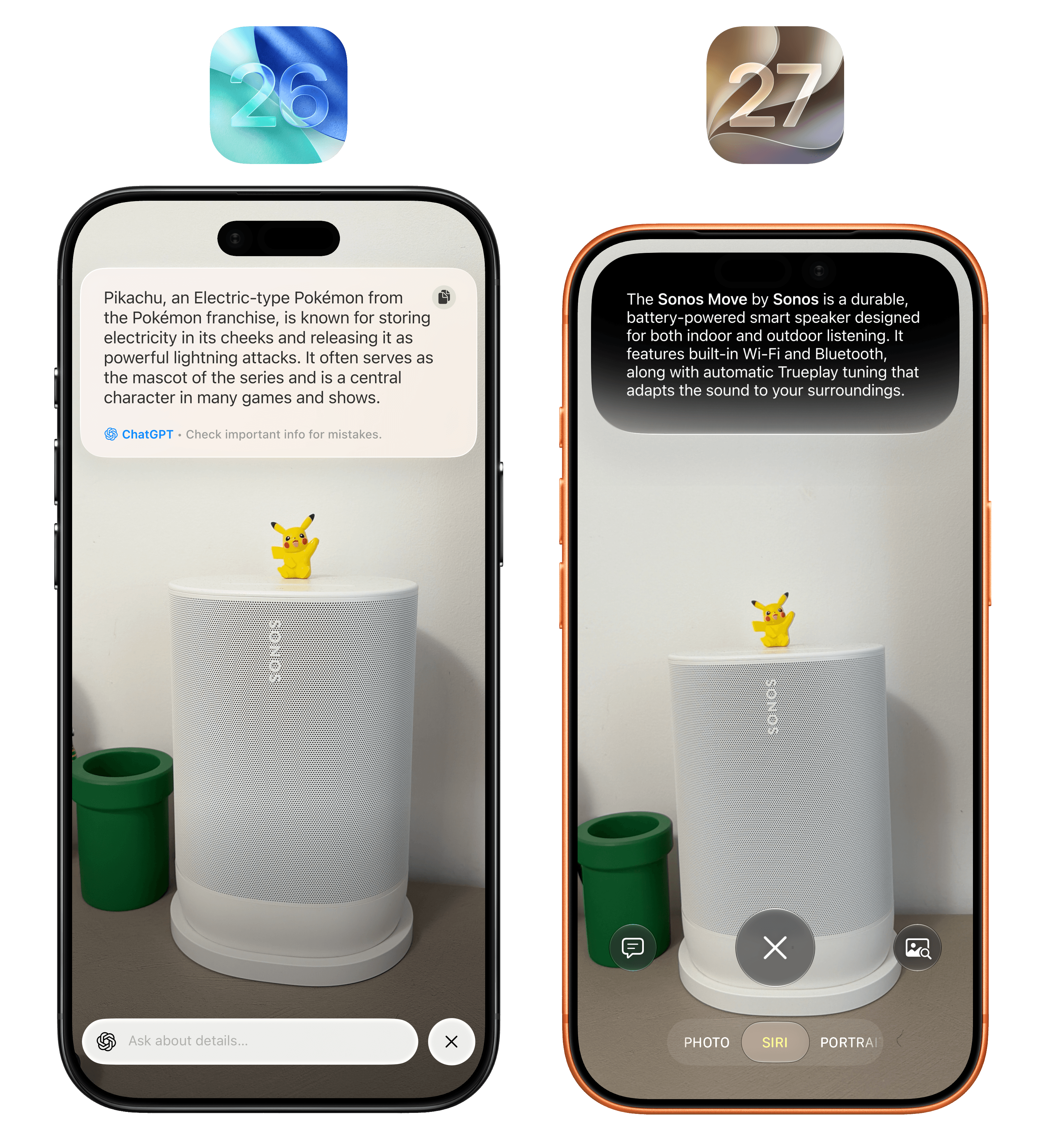 It’s interesting to note what ChatGPT in iOS 26 and Apple Intelligence in iOS 27 thought was the main subject of the picture in Visual Intelligence.