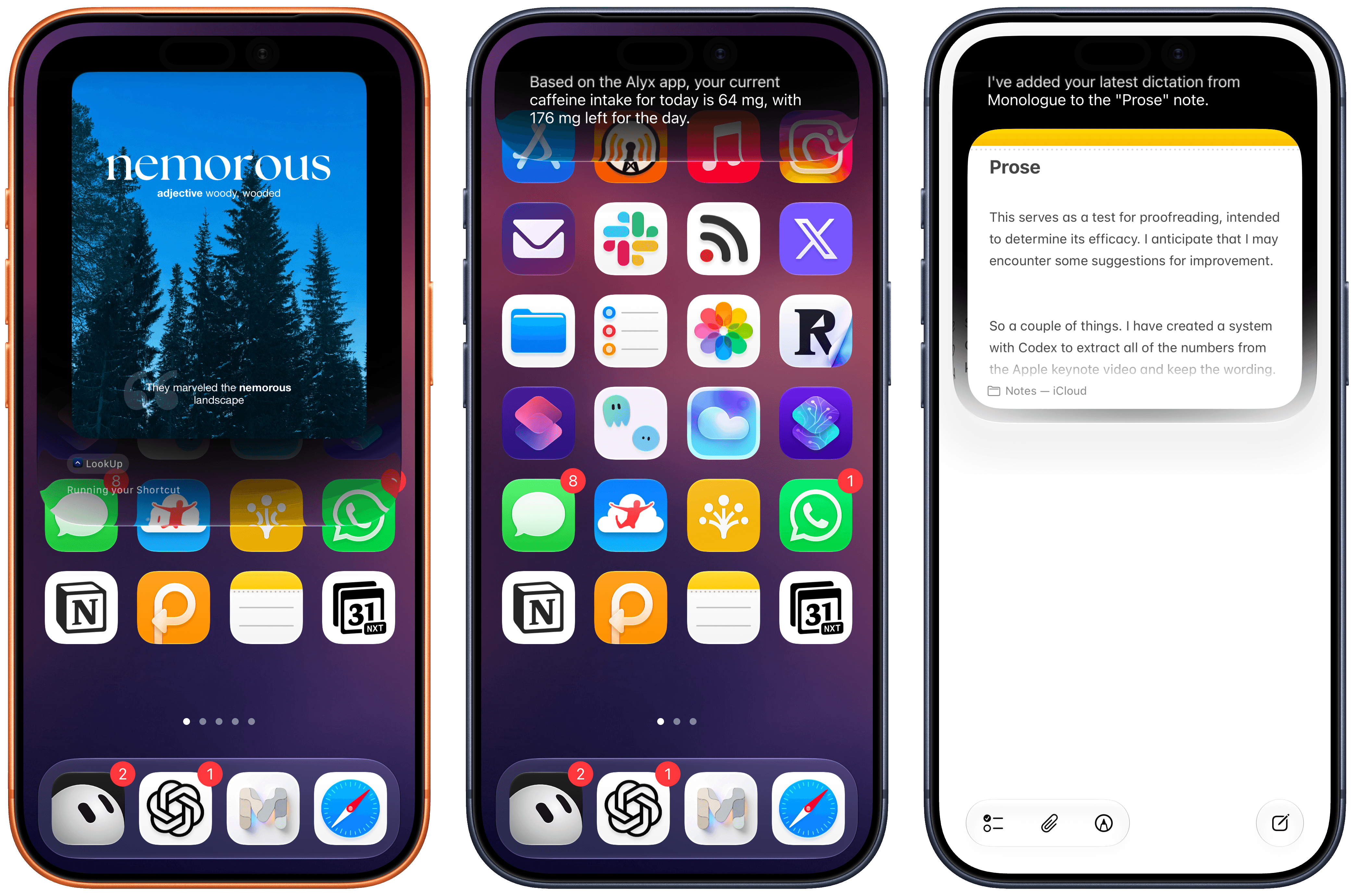Siri AI integration worked well for me with LookUp, Alyx, and Monologue. It’s also nice to chain output from one app onto another, such as getting a dictation from Monologue and asking Siri to add it to a note.