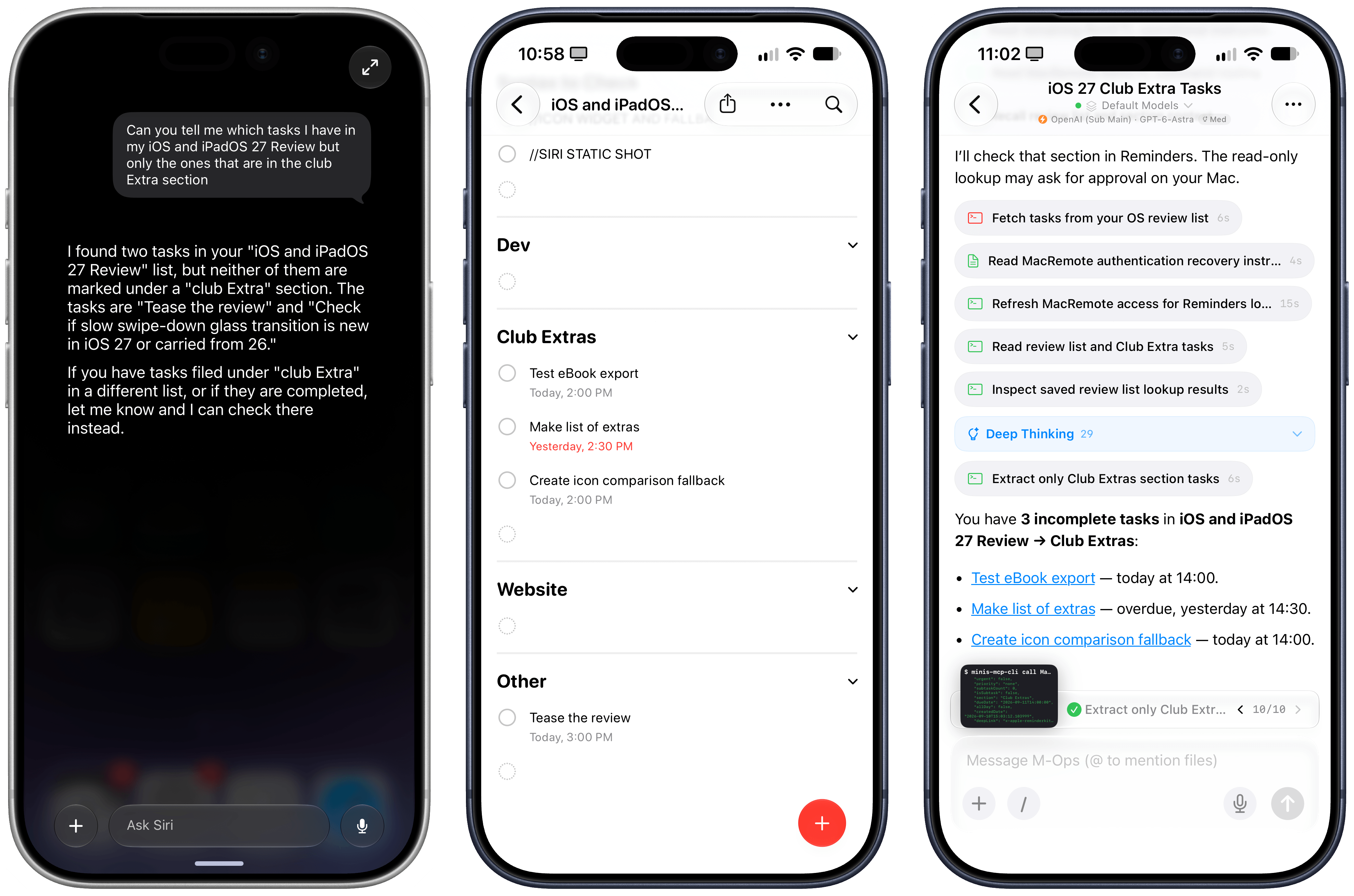 This is what I mean by not being able to use Siri AI for work. The same question could not be handled by Siri in Reminders, whereas my agent with Open Minis completed it just fine.
