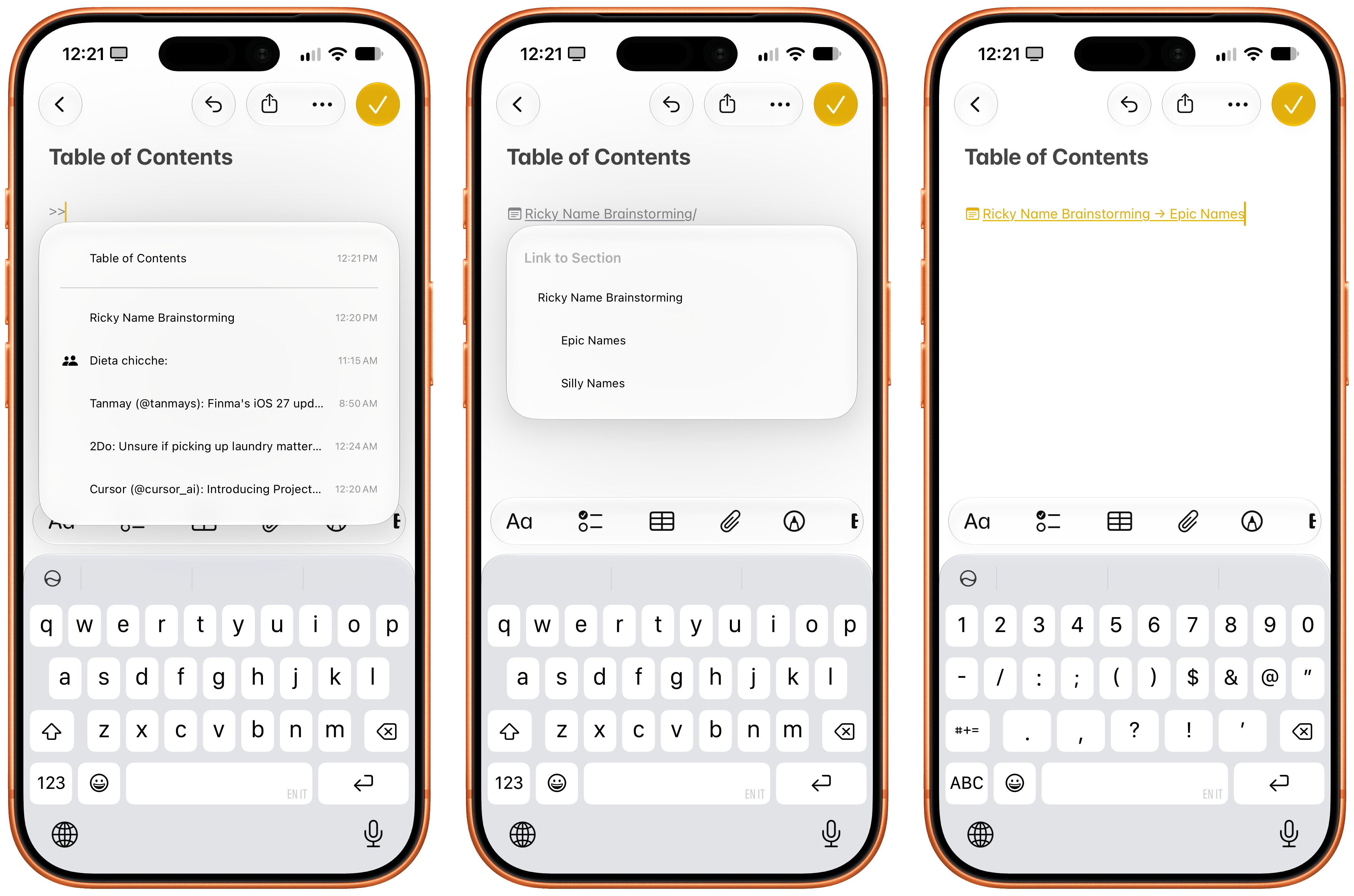 Creating section links in Notes.