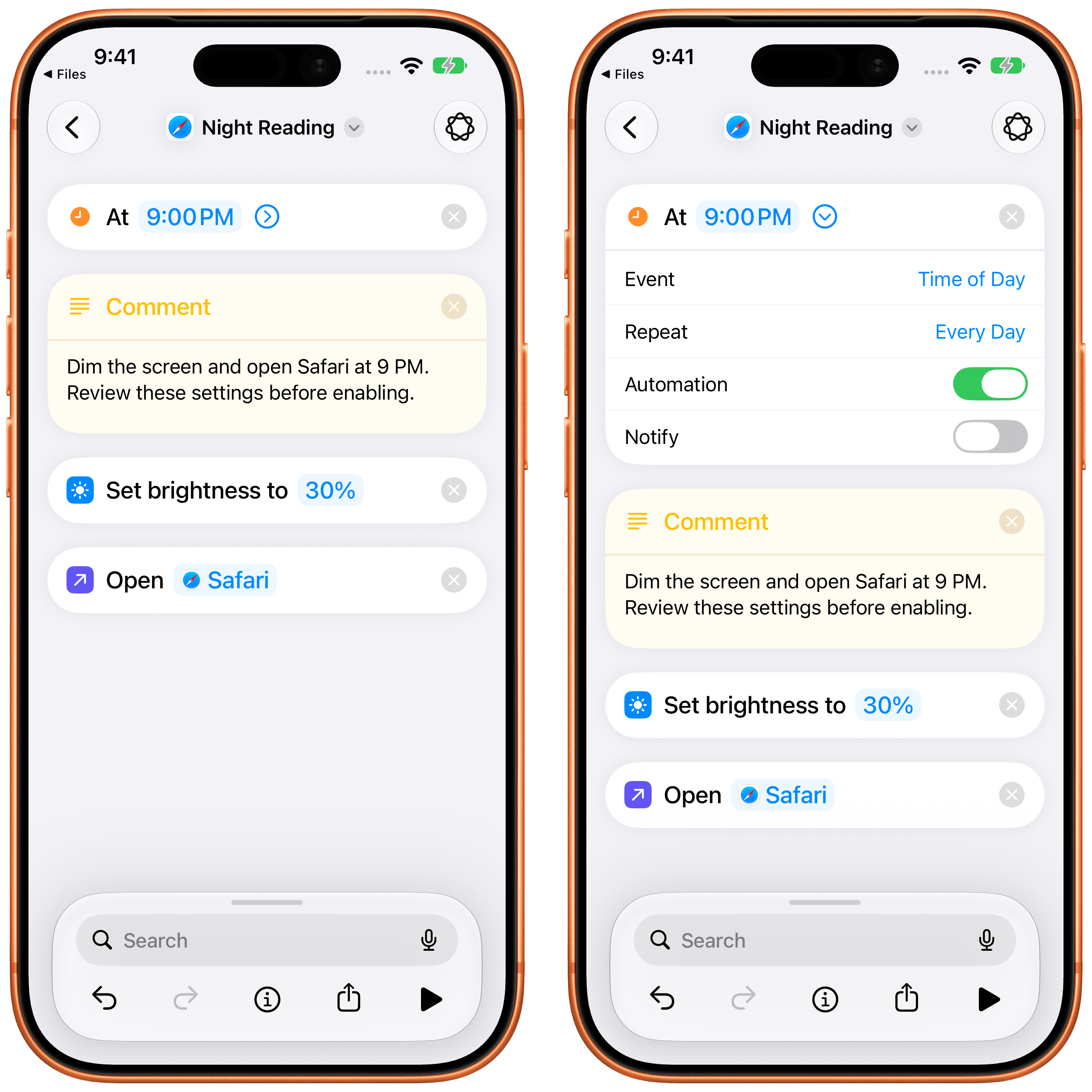 Automations are now actions at the top of a shortcut.