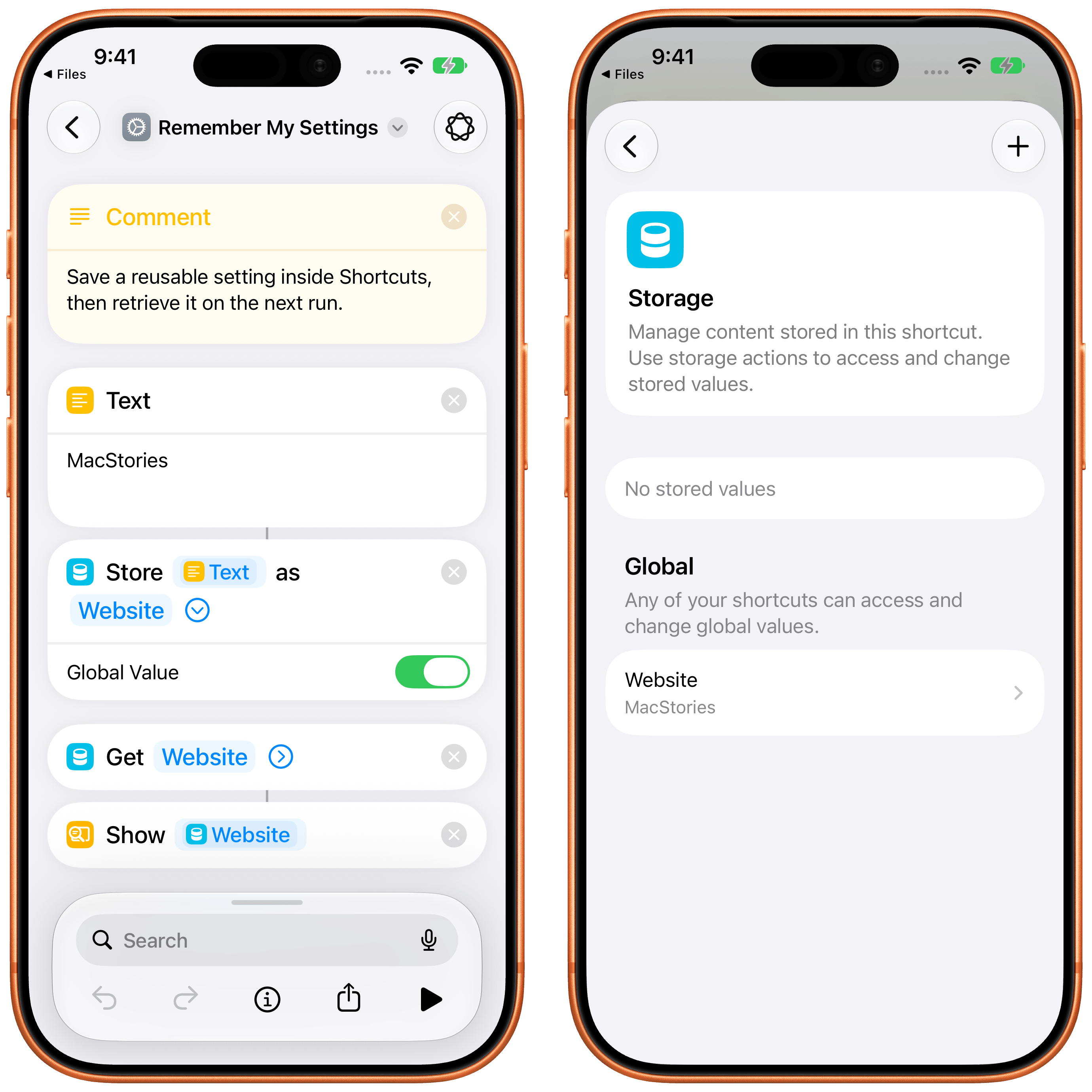 Storing content is now possible in Shortcuts.