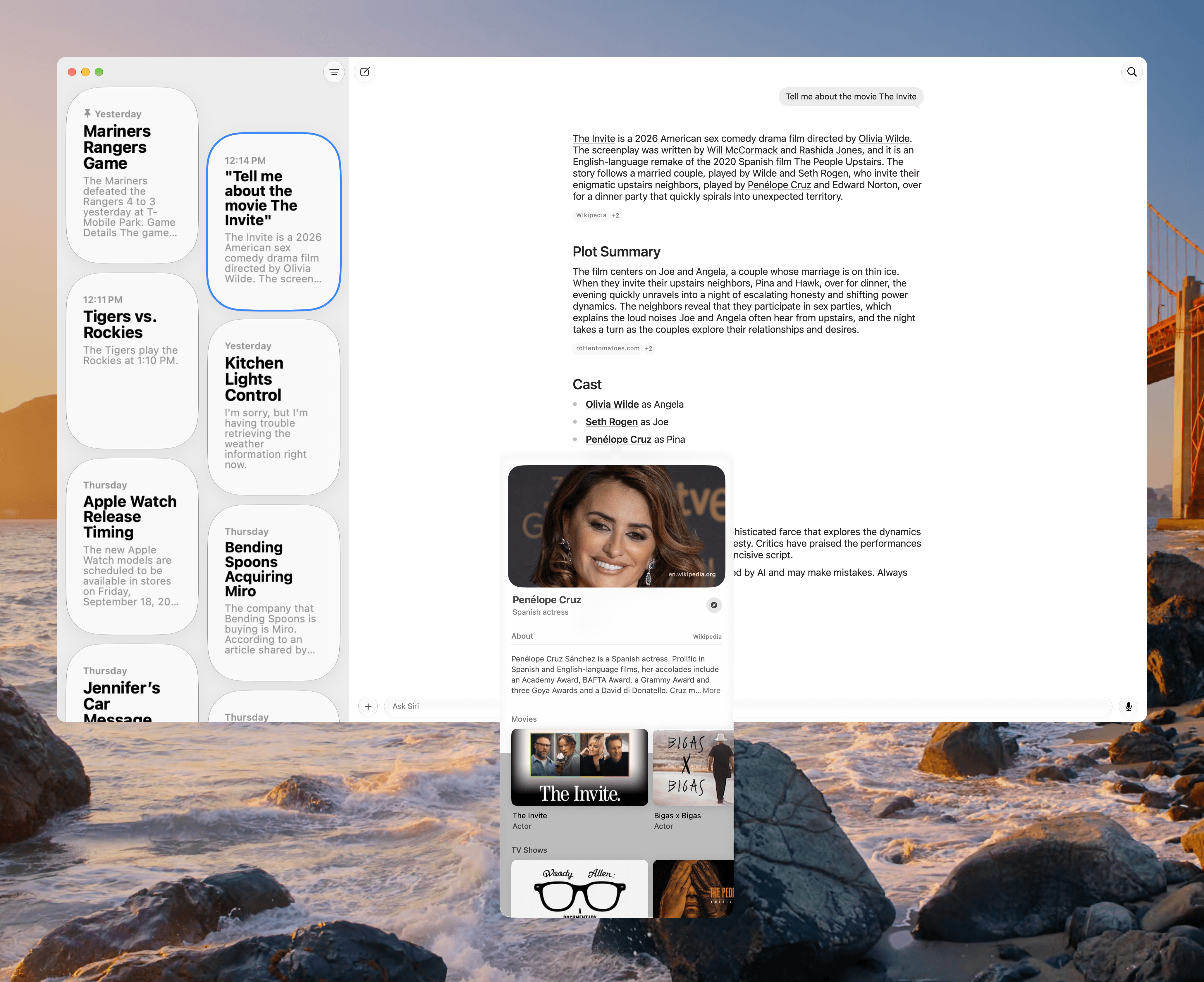 Rich content in Siri results extends to other categories like movies and actors.