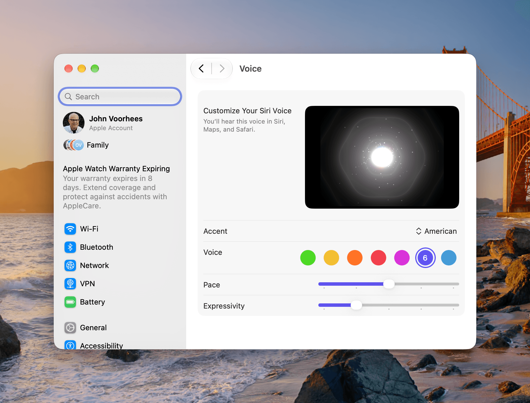 Siri's new expressive voices are accessible from the Siri section of System Settings.