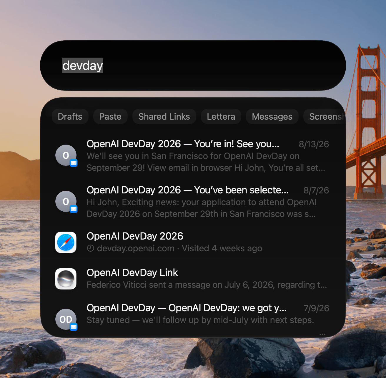 Spotlight brings together relevant results from across my Mac.