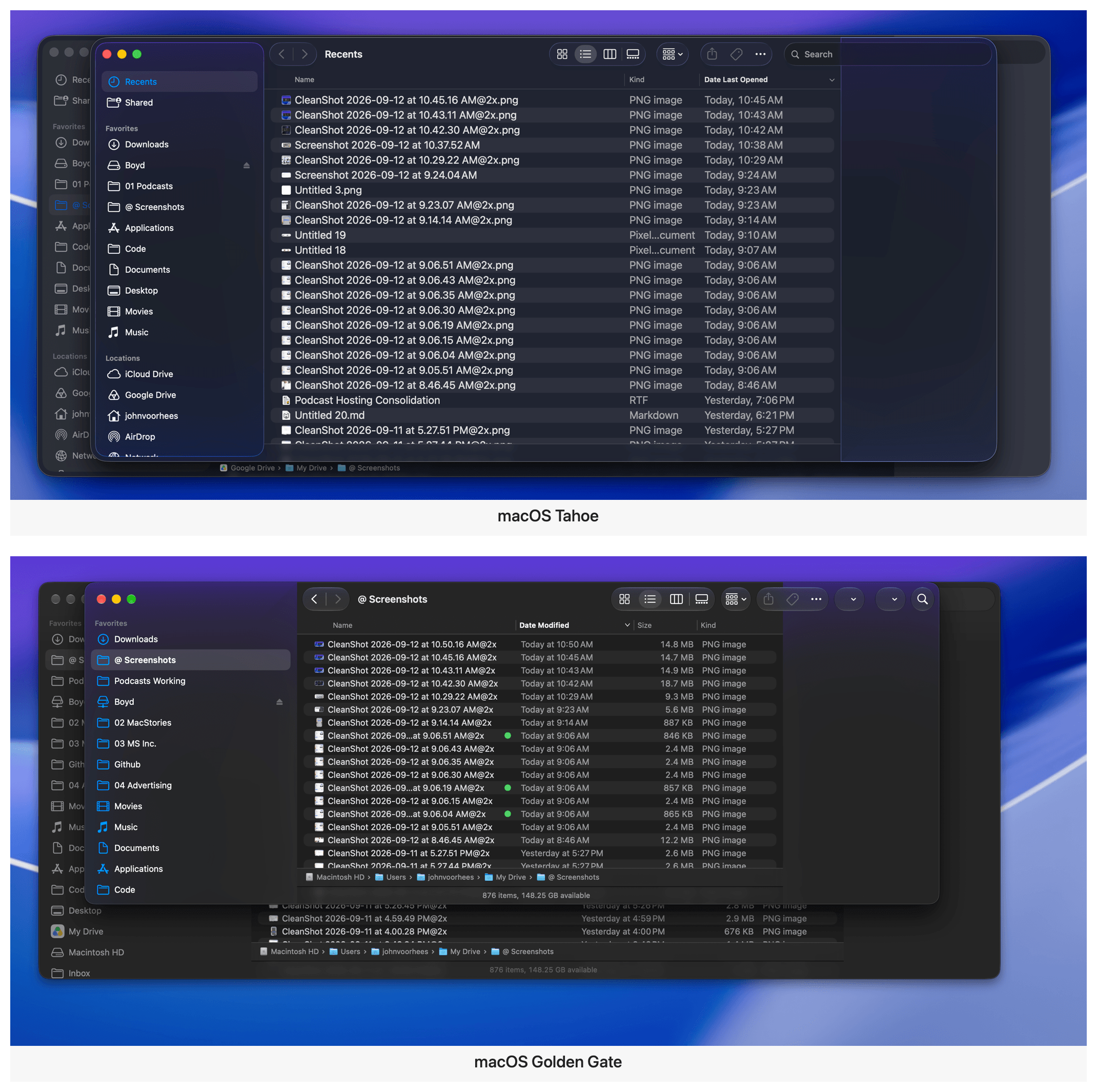 Sidebars extend to the edges of windows, and deeper shadows make overlapping windows easier to pick out.