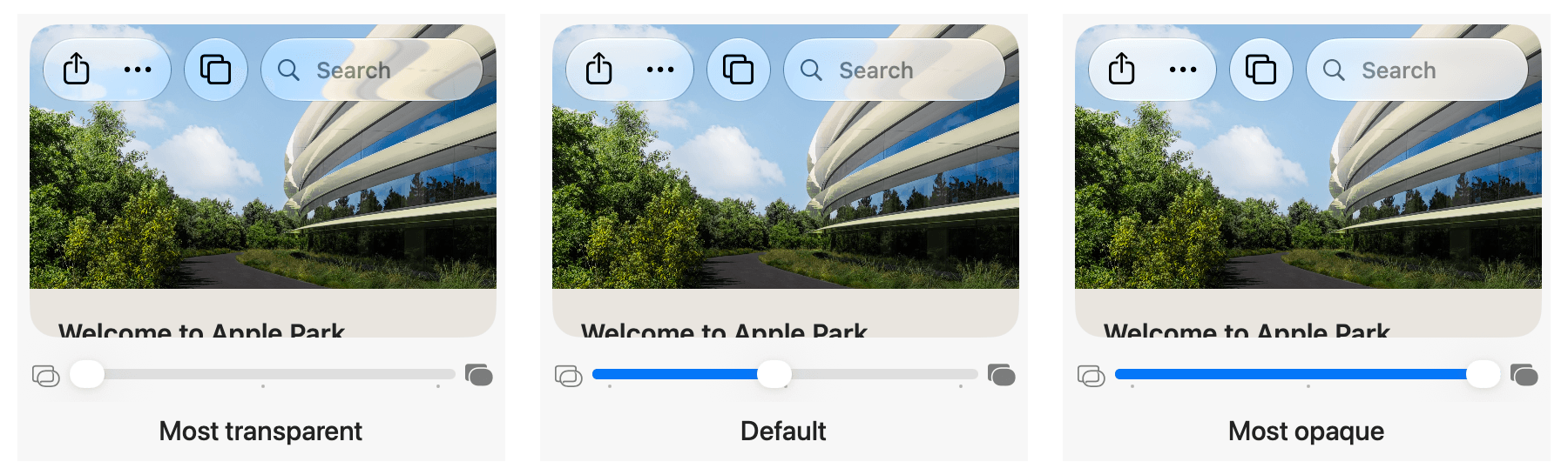 Appearance settings now include a transparency slider and a preview of its effect.