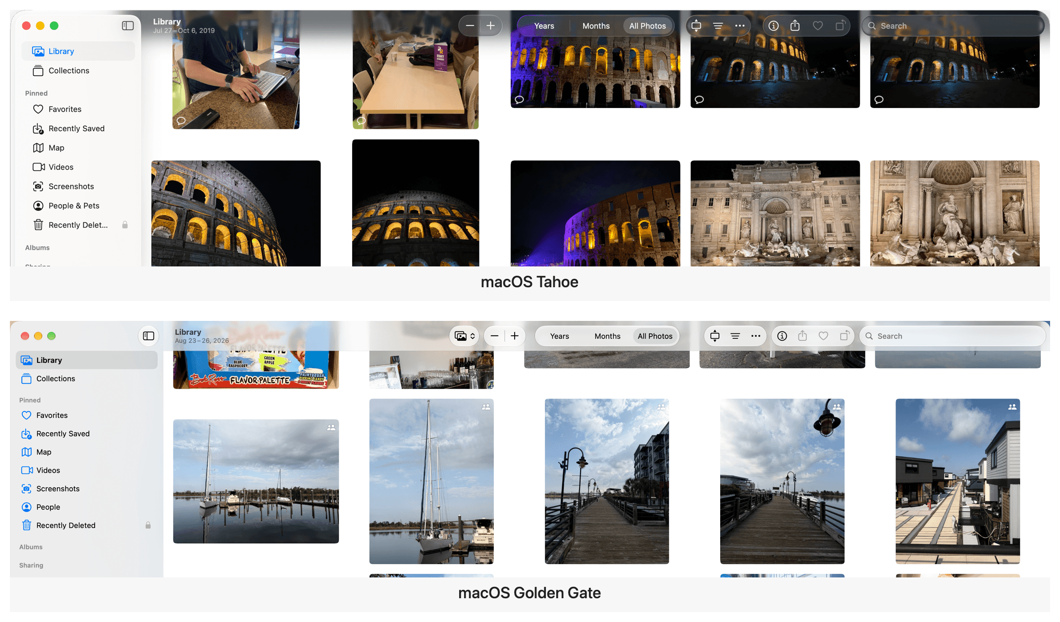 Photos’ updated toolbar gives its controls a clearer separation from the images that scroll underneath it.