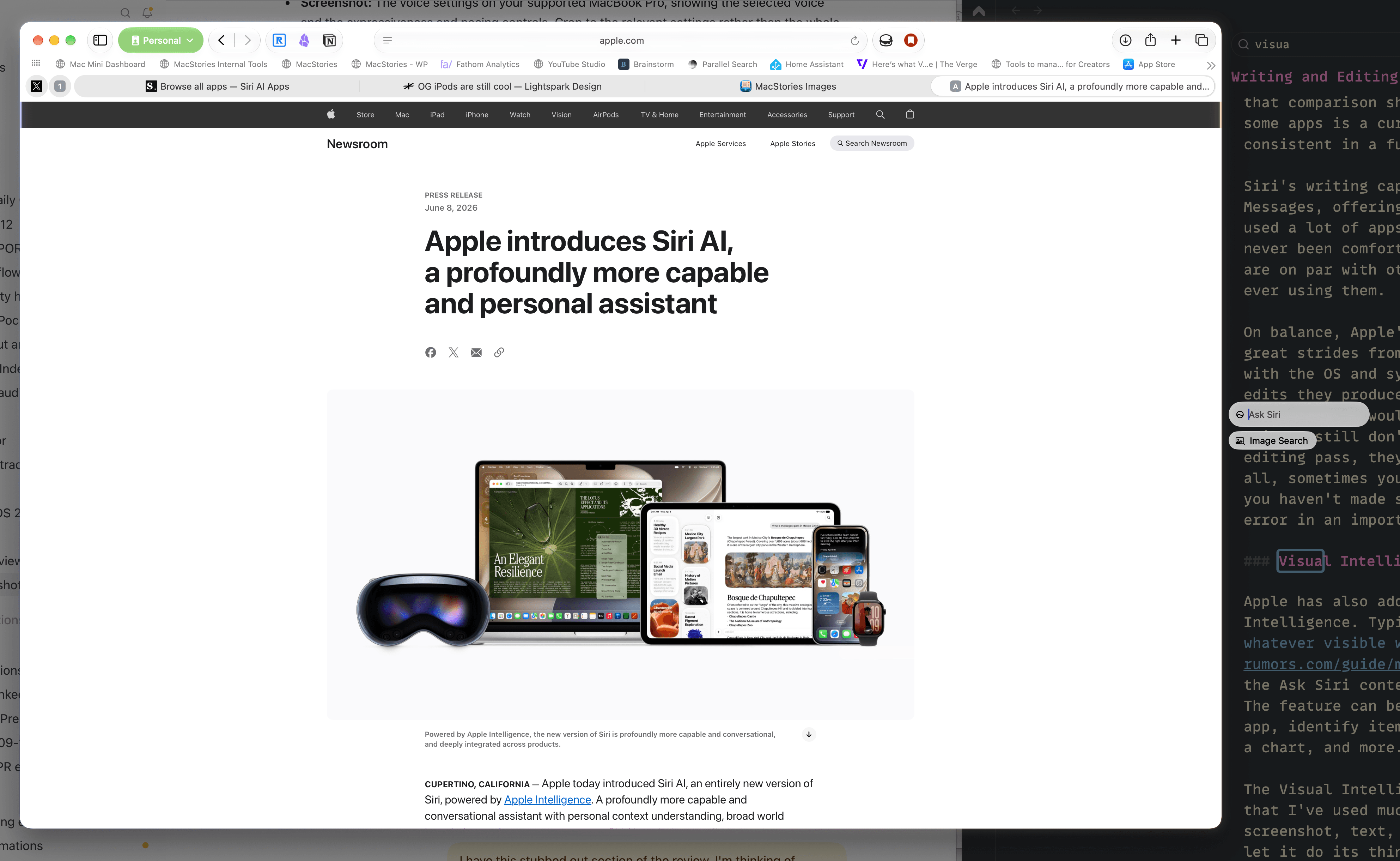 Inspecting a Safari page using Visual Intelligence and "Ask Siri."