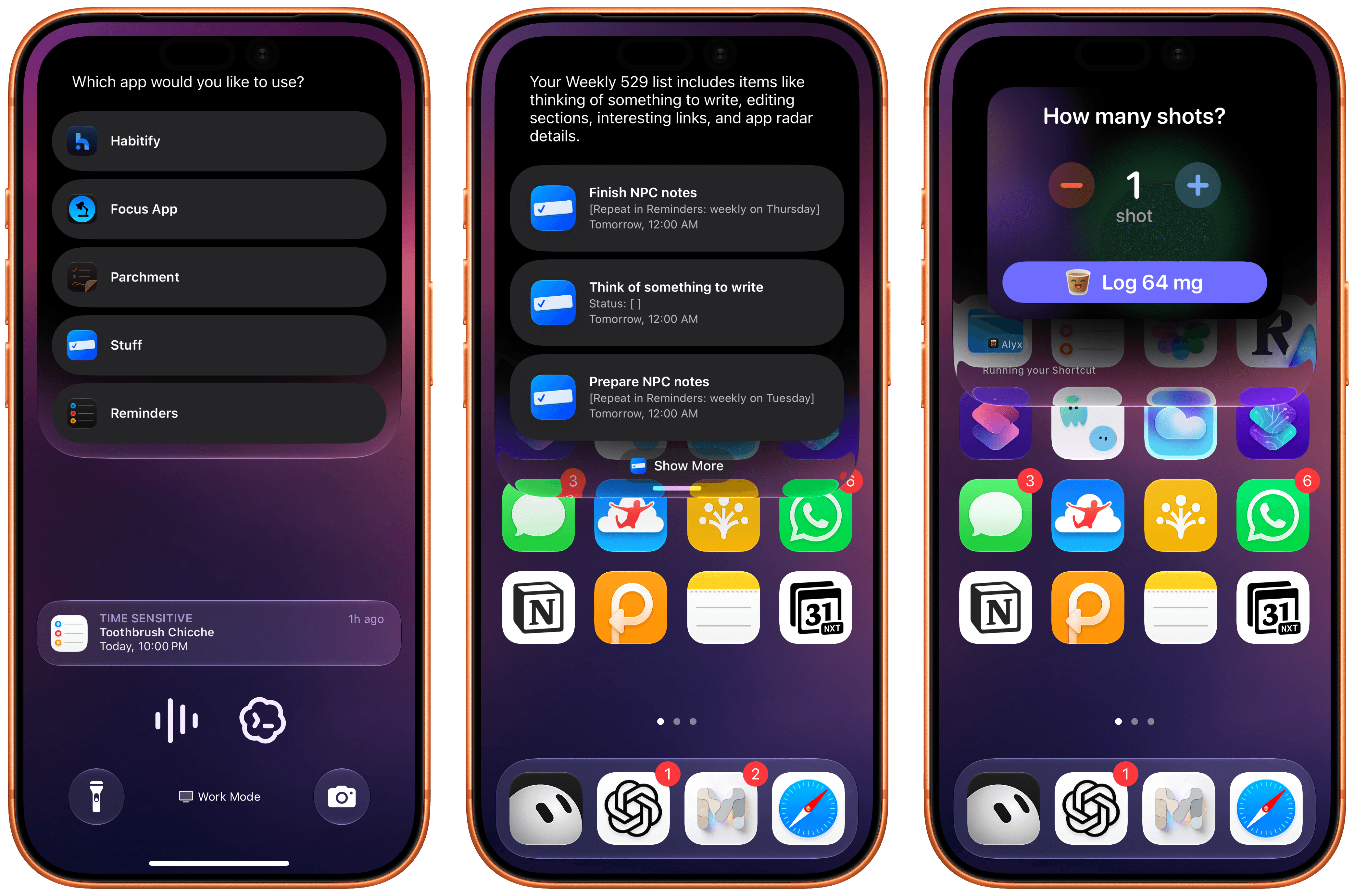 Siri AI can regularly ask you to confirm which app you want to use as default for any particular domain (left). In these examples, I asked for some tasks in Stuff and logged an espresso in Alyx.
