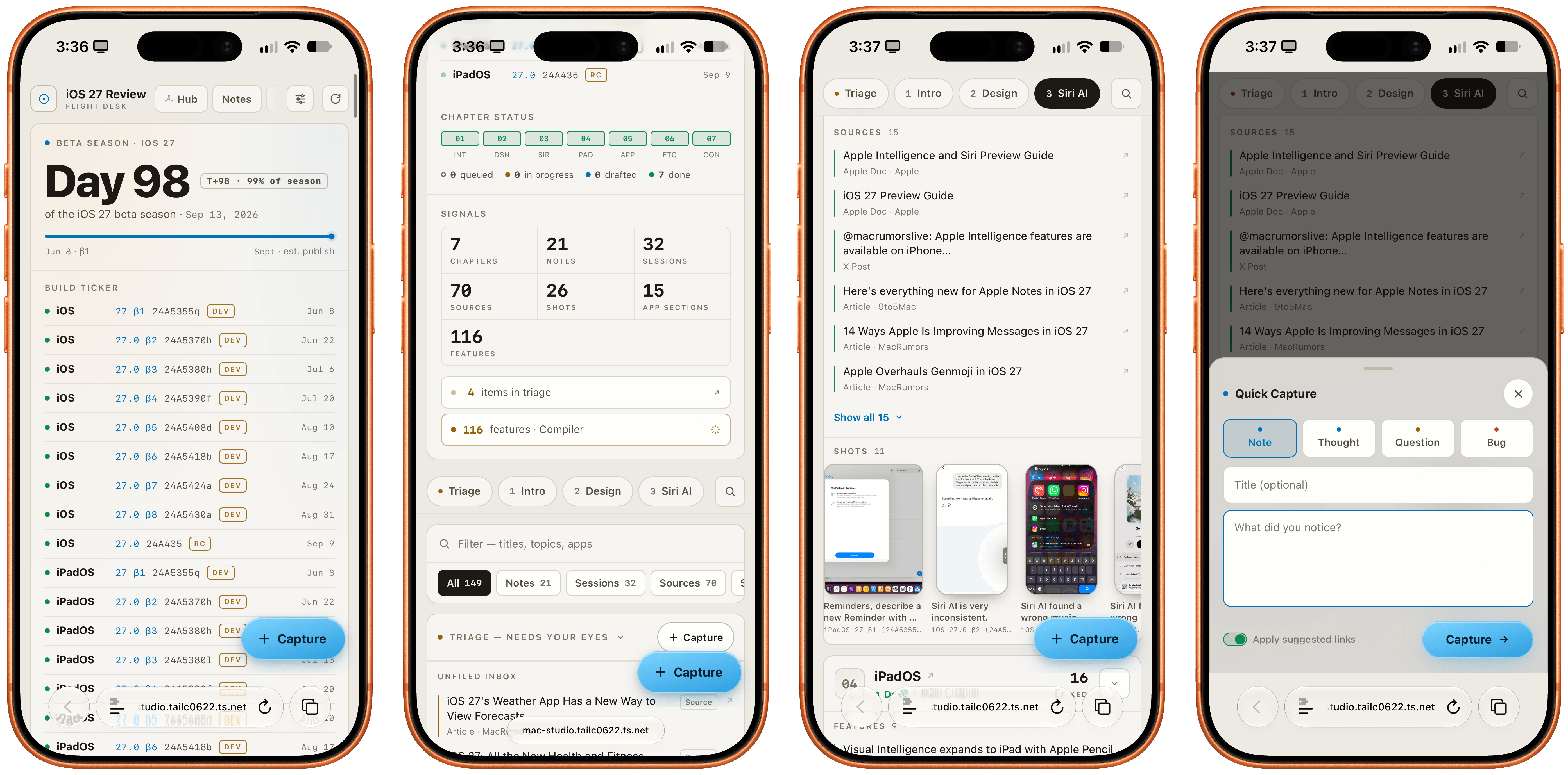 The custom web app used to research the iOS 27 review, shown across four iPhone screens.