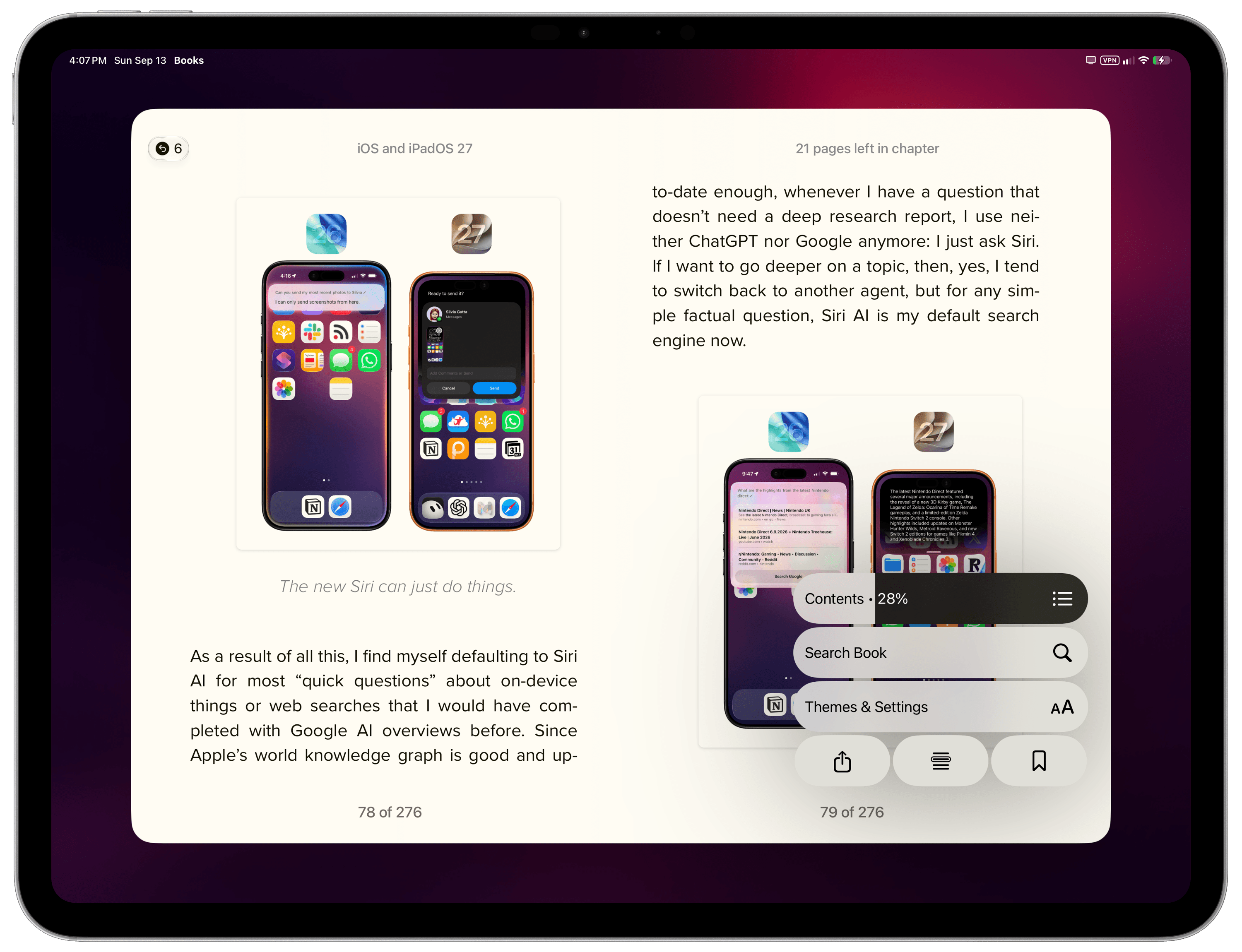 The iOS and iPadOS 27 review as an eBook, open in the Books app on an iPad.