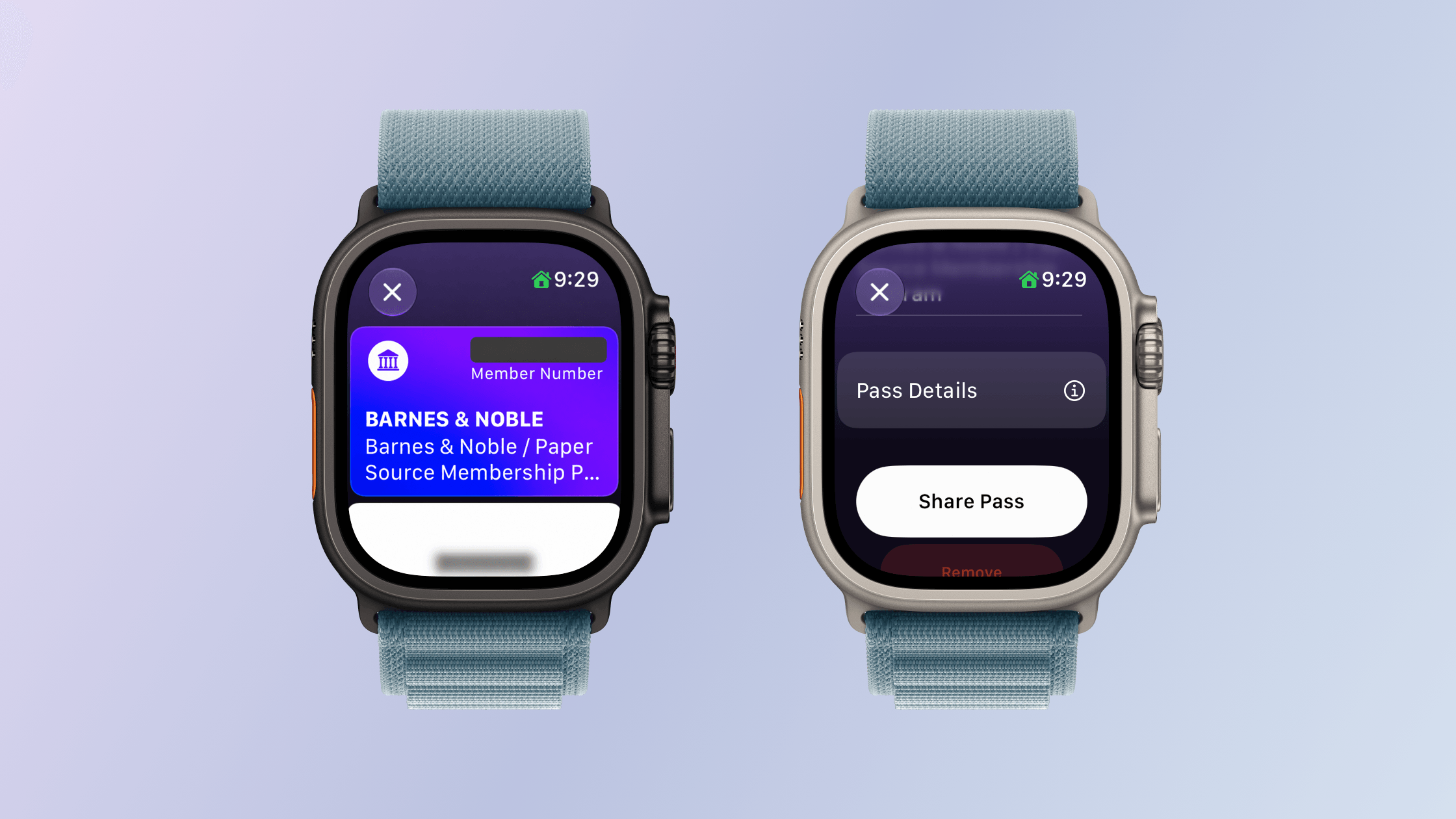 Viewing a Wallet pass and its sharing options on Apple Watch.