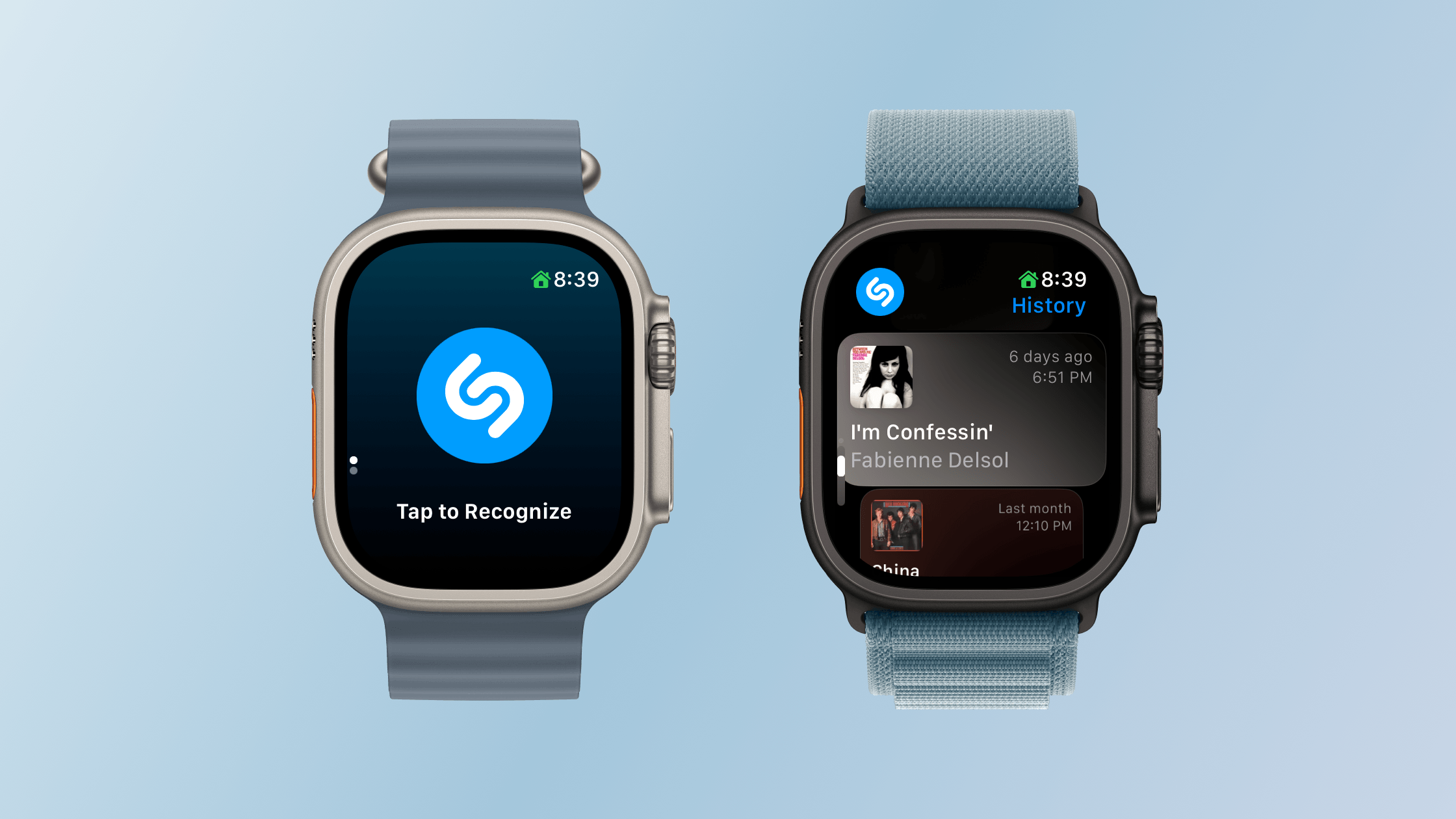 Starting song recognition and browsing Shazam history.