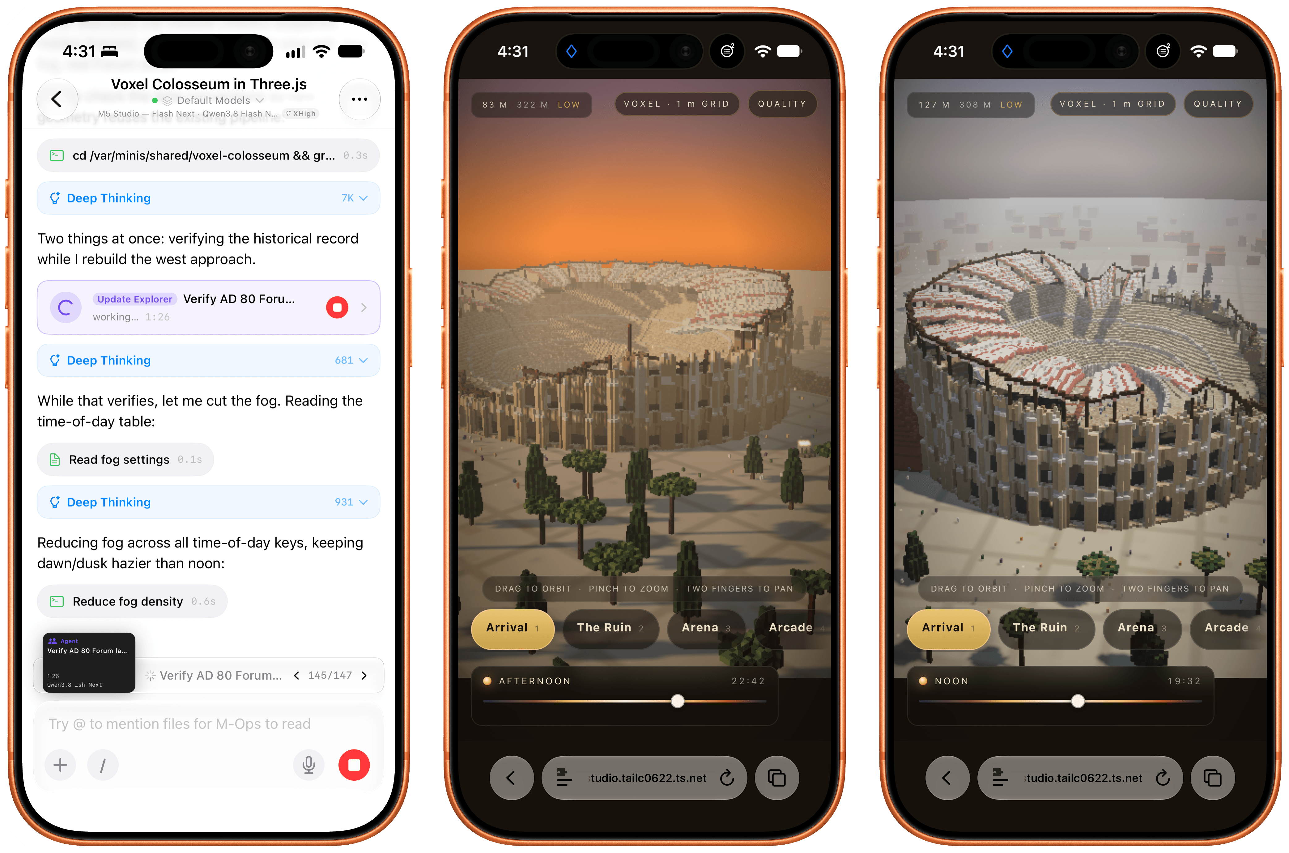 This interactive Colosseum demo was entirely created by Flash-Next running on the M5 Ultra Mac Studio, managed via Open Minis and its harness on iOS.