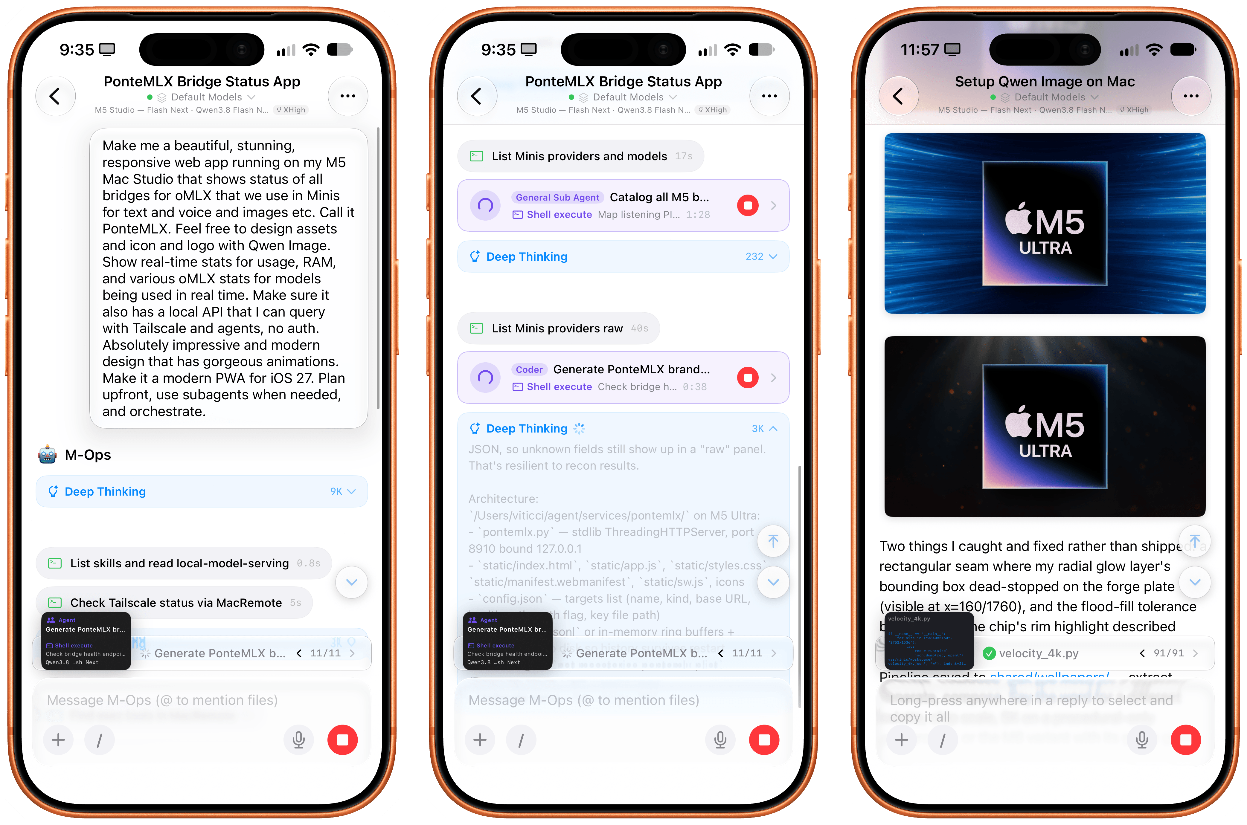 Using a local model as my default in Open Minis for iOS. Pictured above: a long-running project, subagents, and local image generation powered by Qwen-Image-2.1, also running on the M5 Ultra.