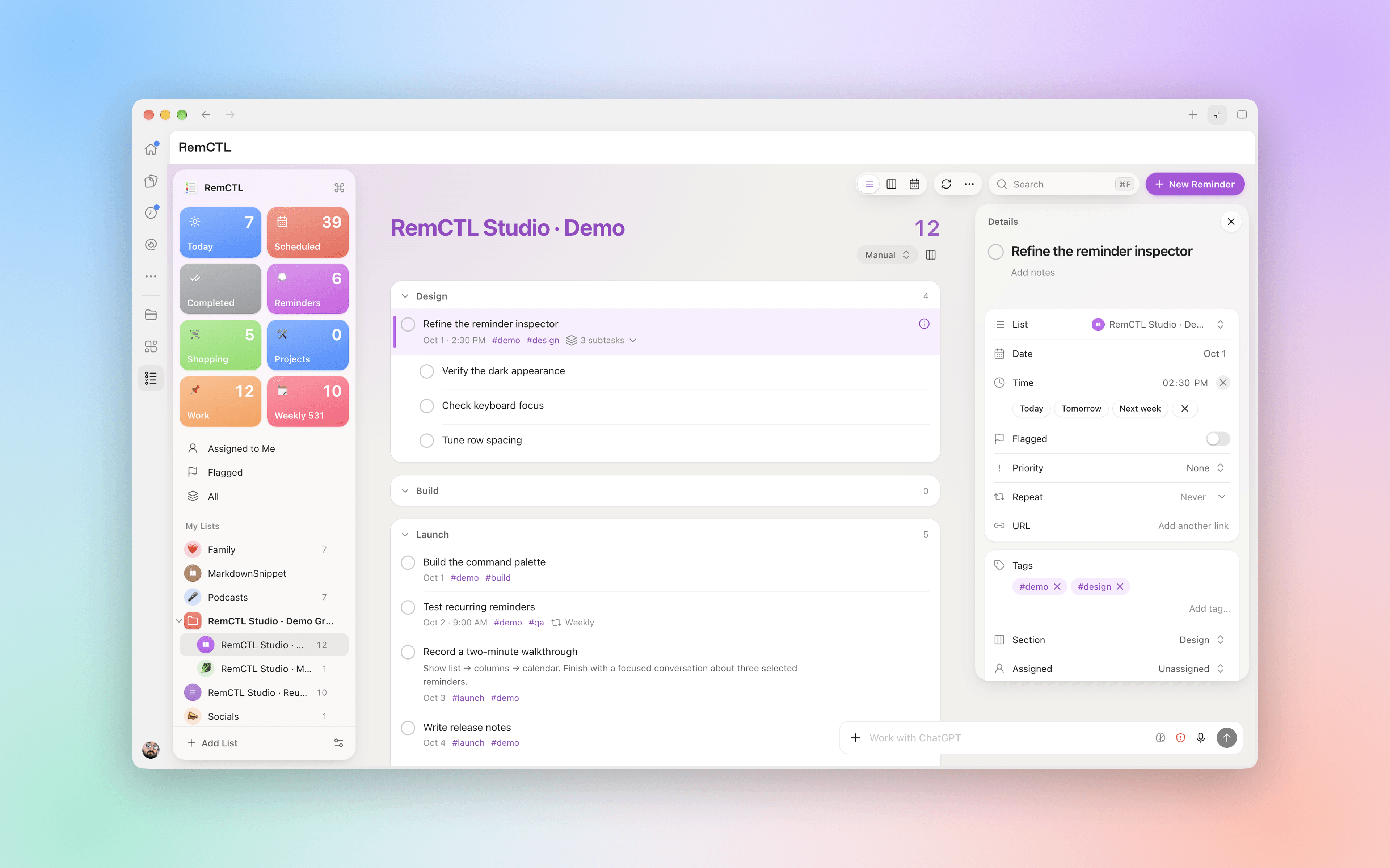A RemCTL list in Codex with a reminder open in the inspector