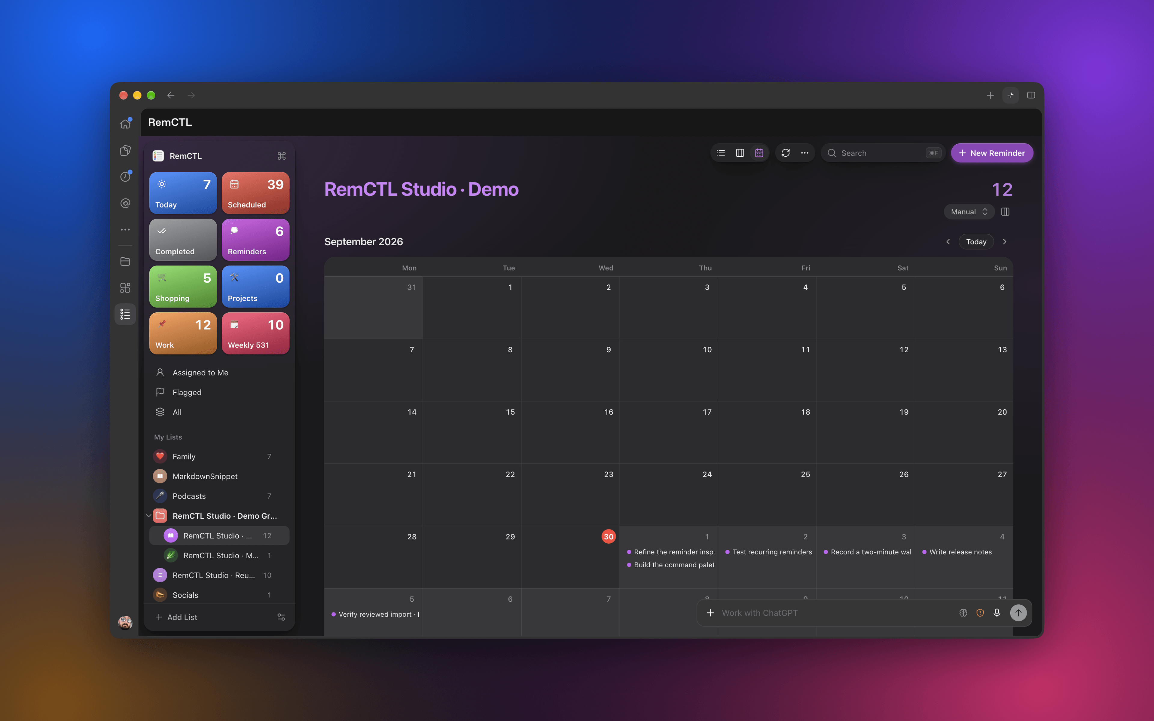 The calendar layout in dark mode
