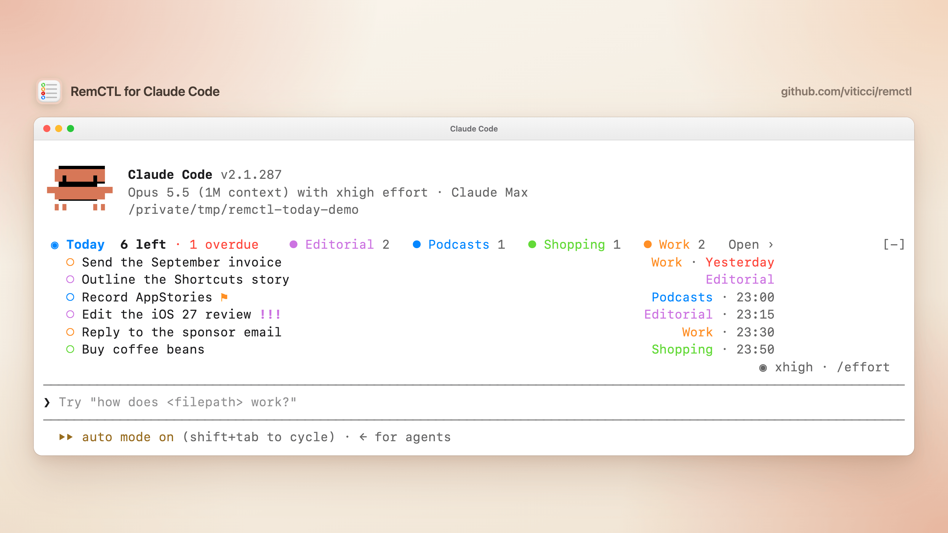 Today's reminders in a band above the Claude Code prompt