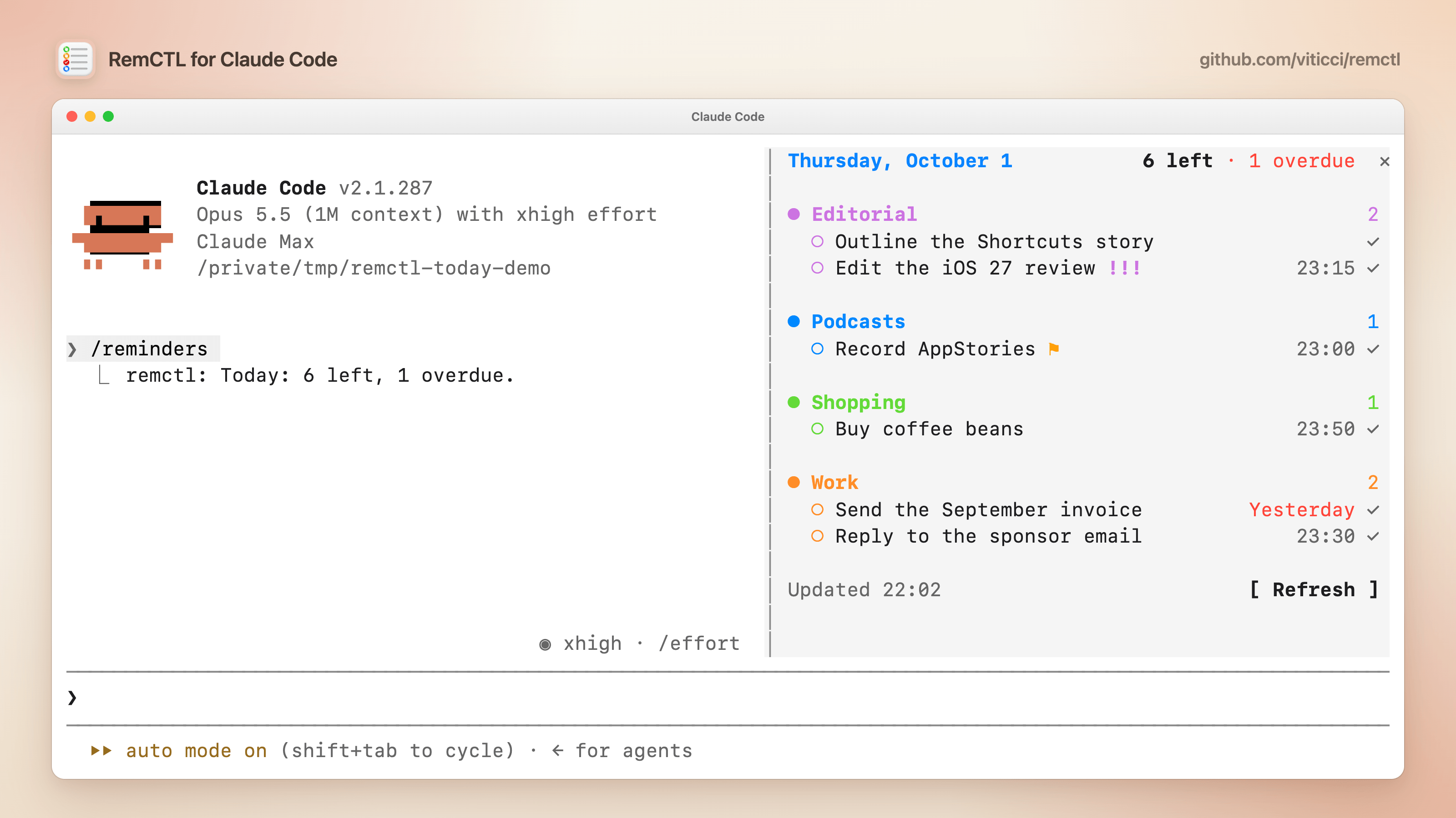 RemCTL Today running in Claude Code (from the author's README)
