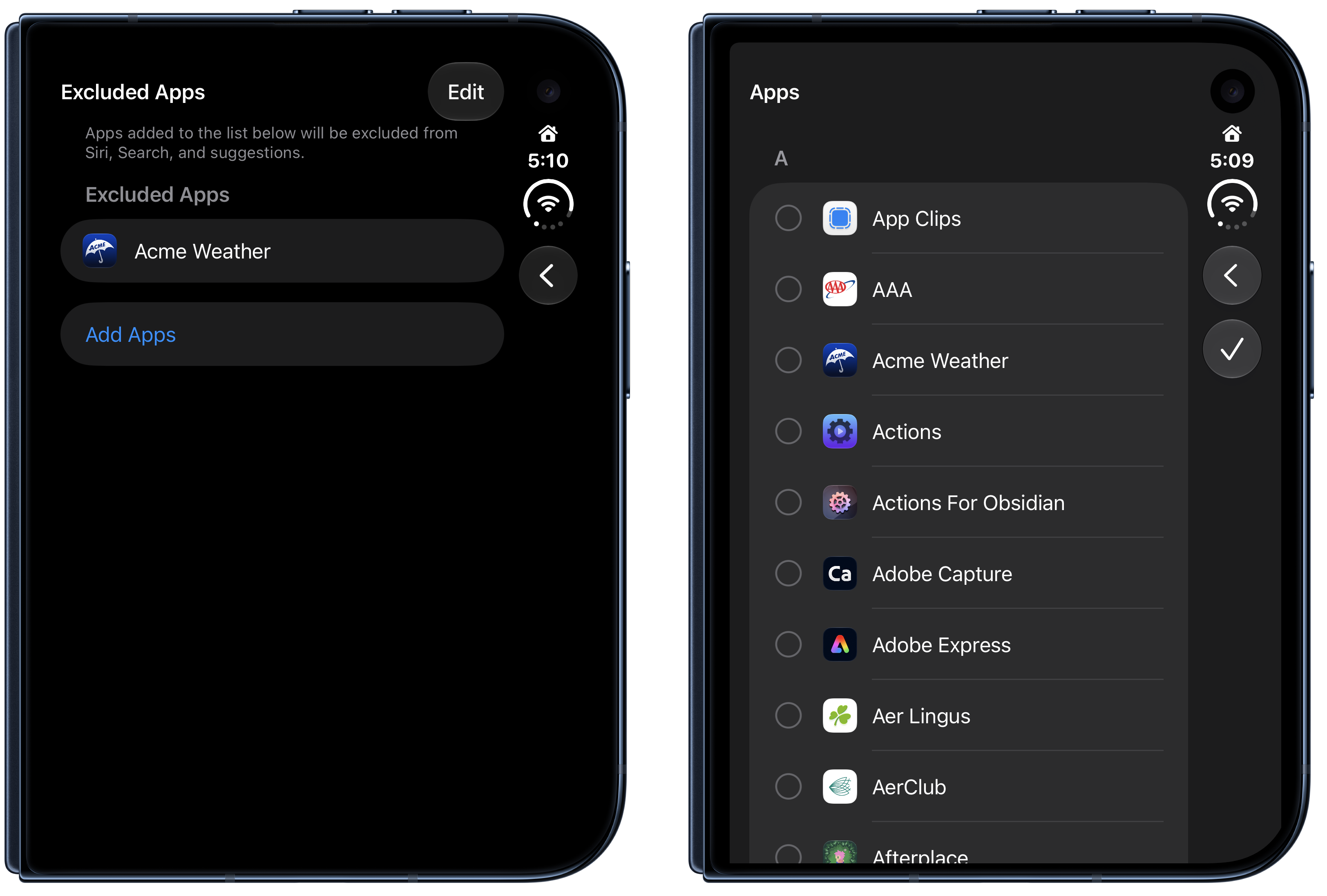 Excluding apps from Siri AI.