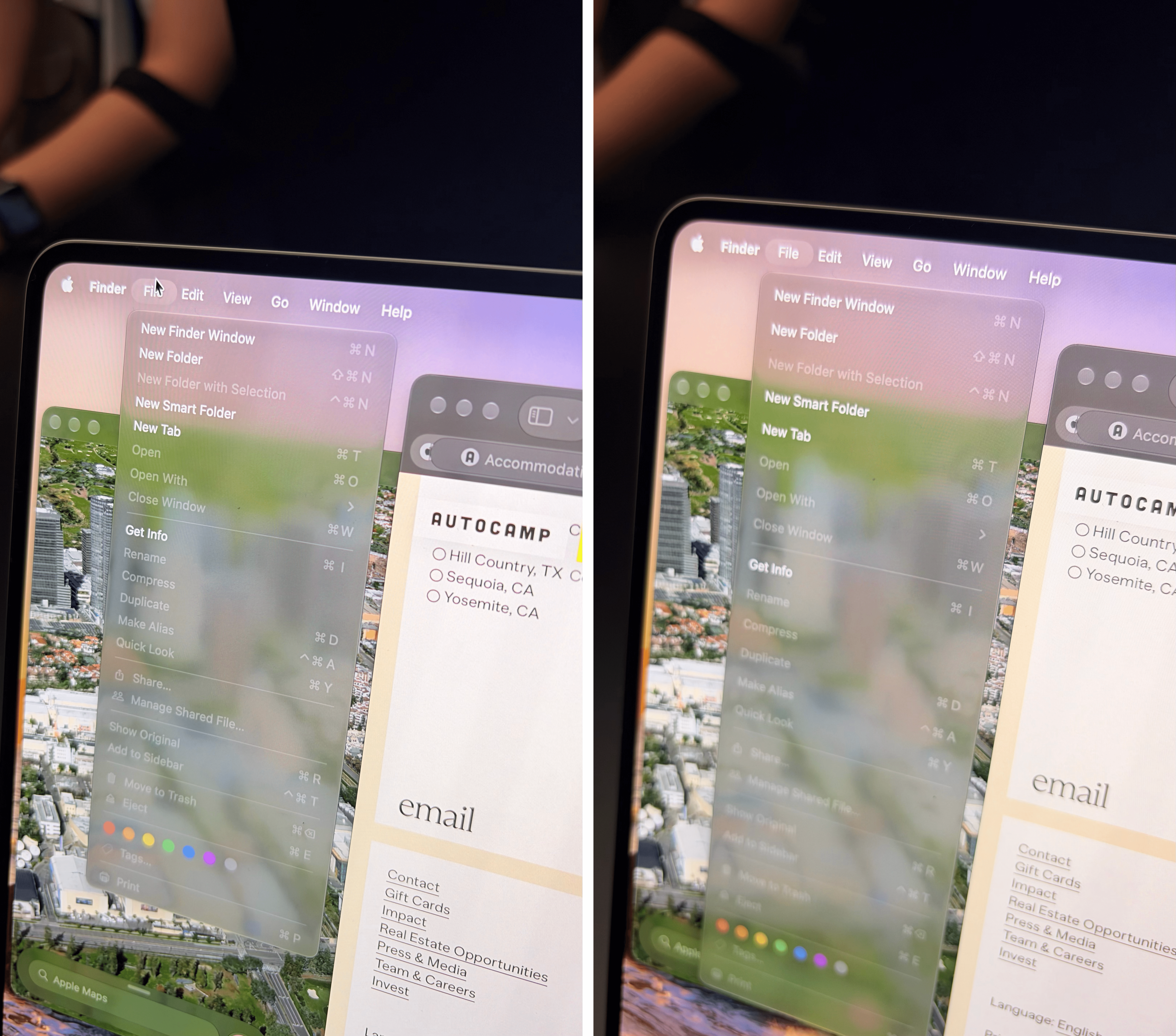 The same menu activated via the trackpad (left) has a denser list compared to touch activation (right).