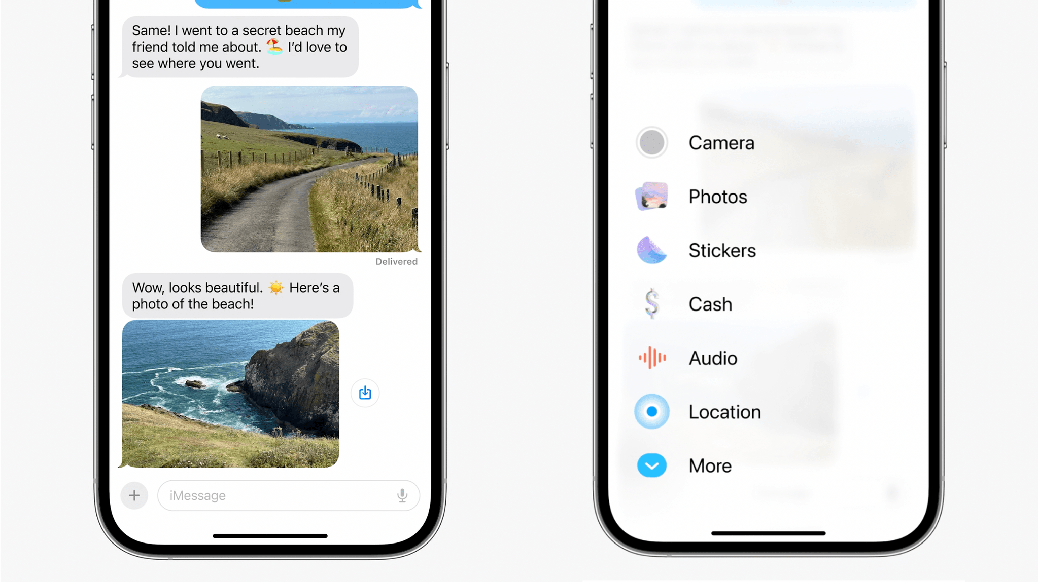Left: the new '+' button to reveal the iMessage apps interface. Right: the new iMessage apps interface pop up.