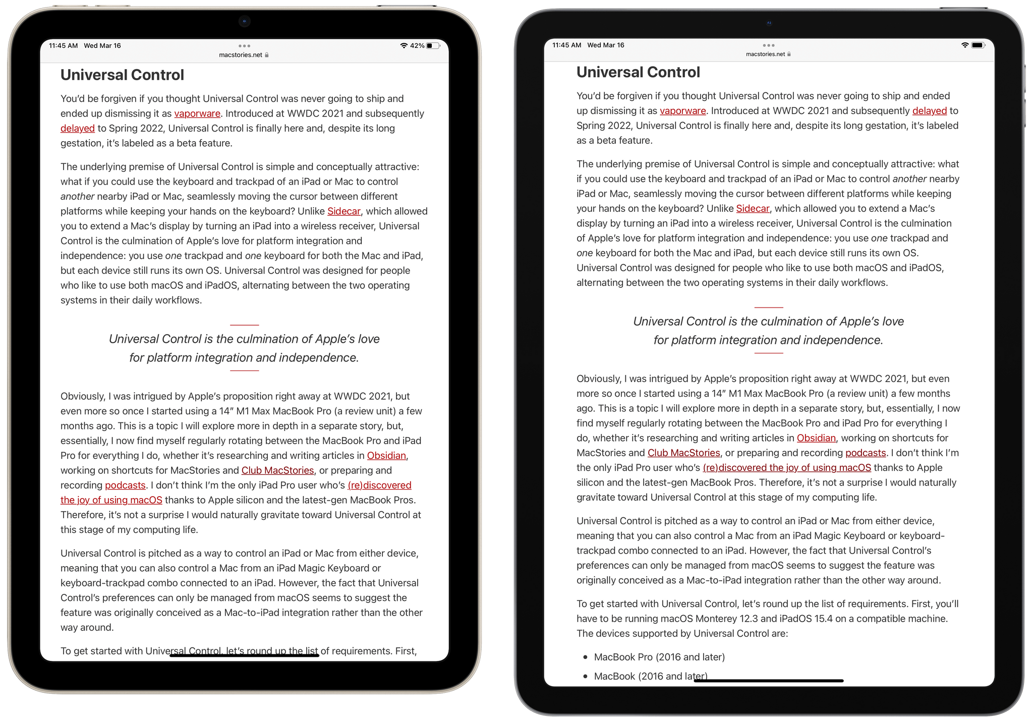 The same article on the iPad mini (left) and iPad Air.