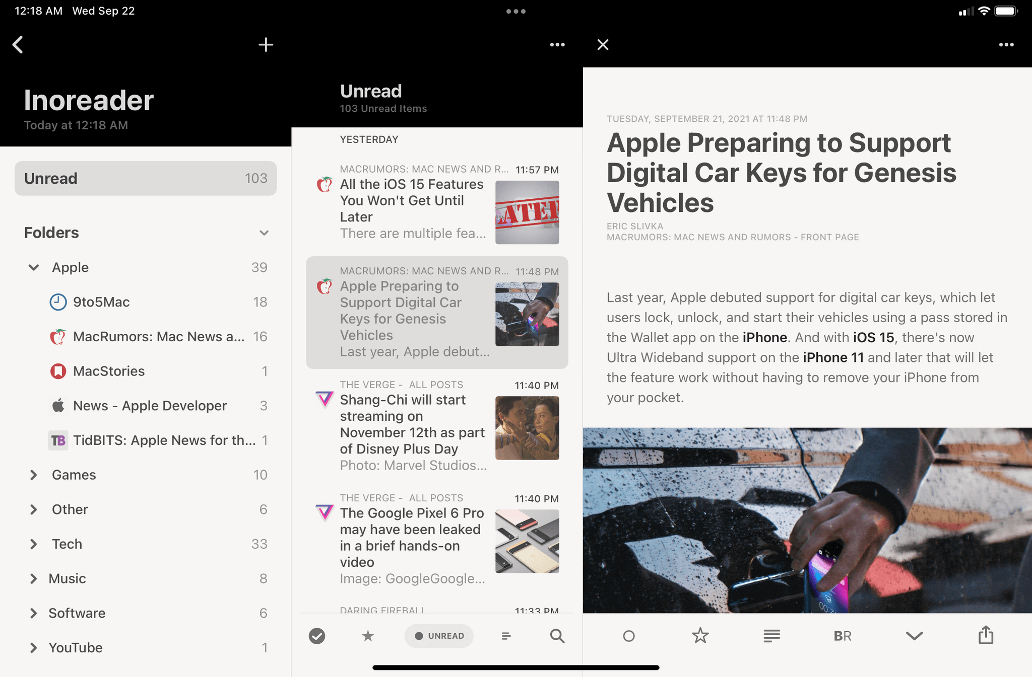 In the same app on the new iPad mini, the wider form factor makes multi-column layouts better optimized for a widescreen UI. However, you see fewer articles in the middle column due to the shorter display. In this case, you can also see how Reeder can enforce a three-column layout on the mini.