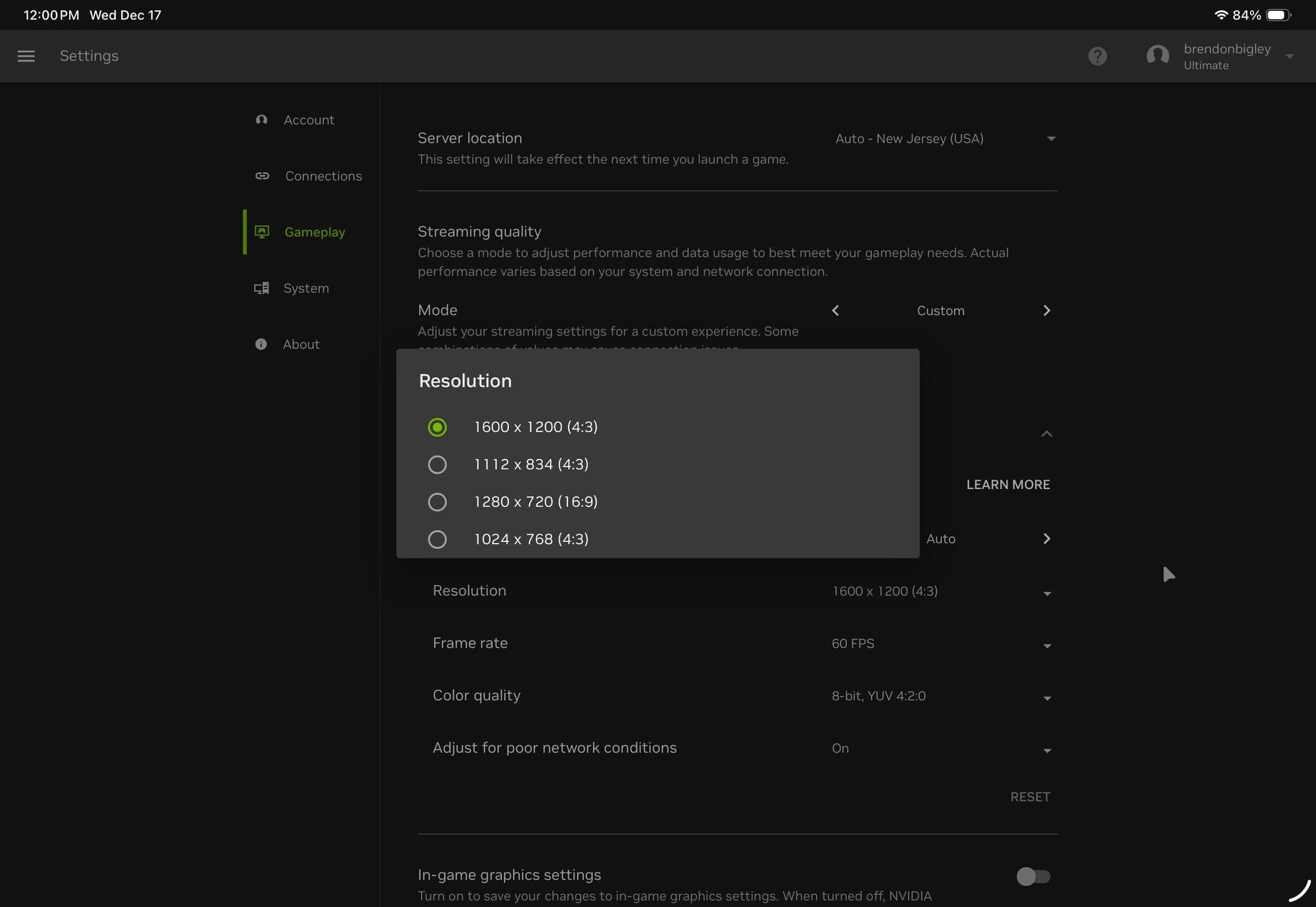 Nvidia GeForce NOW’s settings via Safari.
