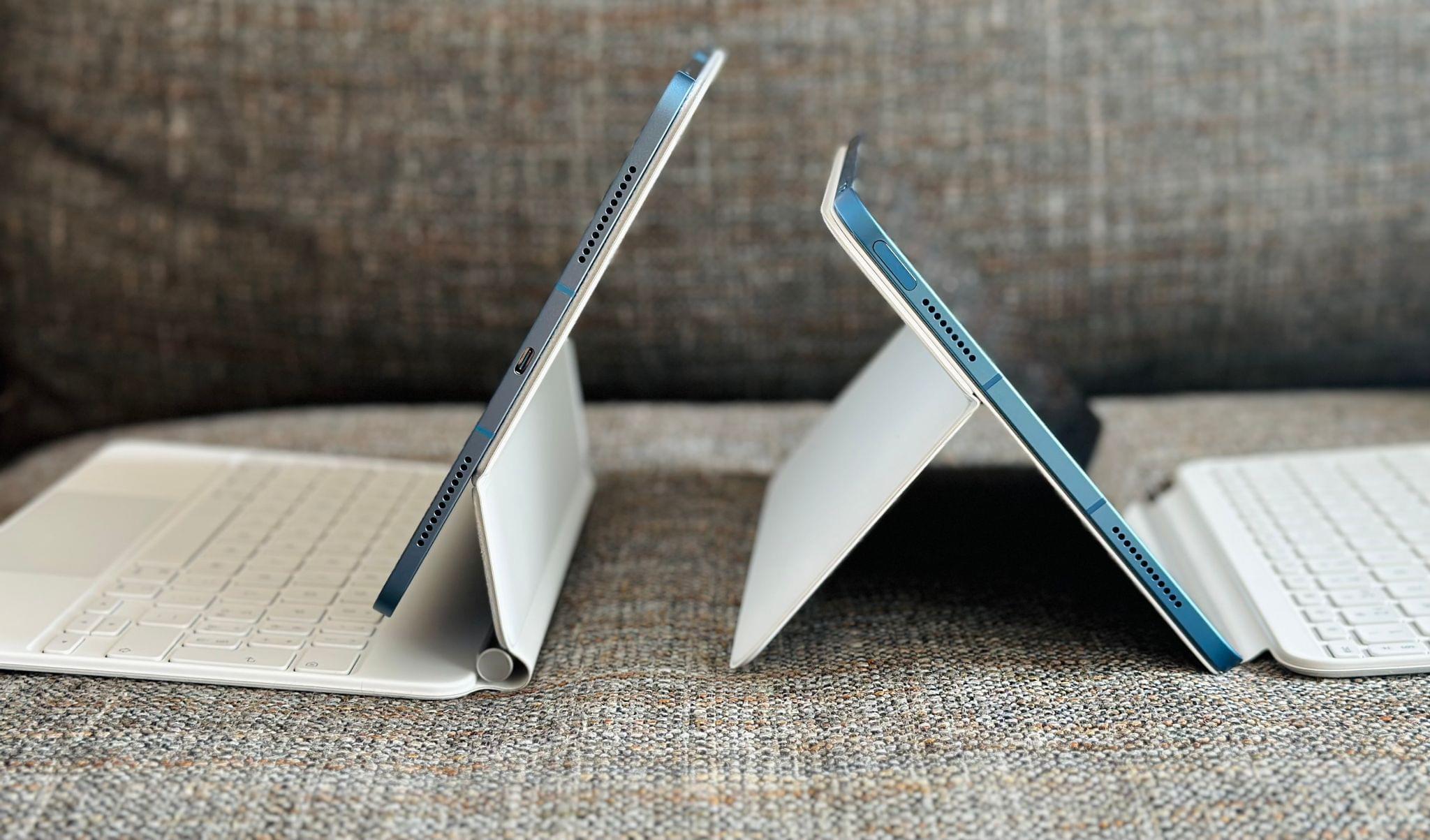 The flat side of the iPad (right) is also more colorful than the iPad Air's (left).