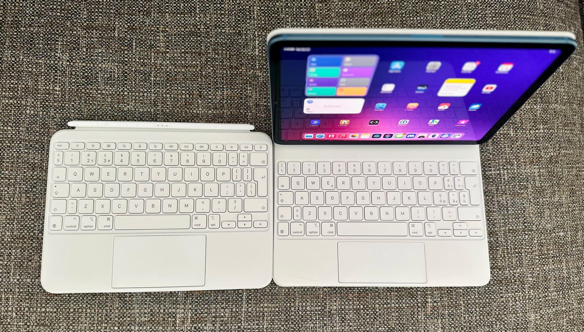 The Magic Keyboard Folio (left) has a bigger trackpad than the Magic Keyboard, plus a function row.