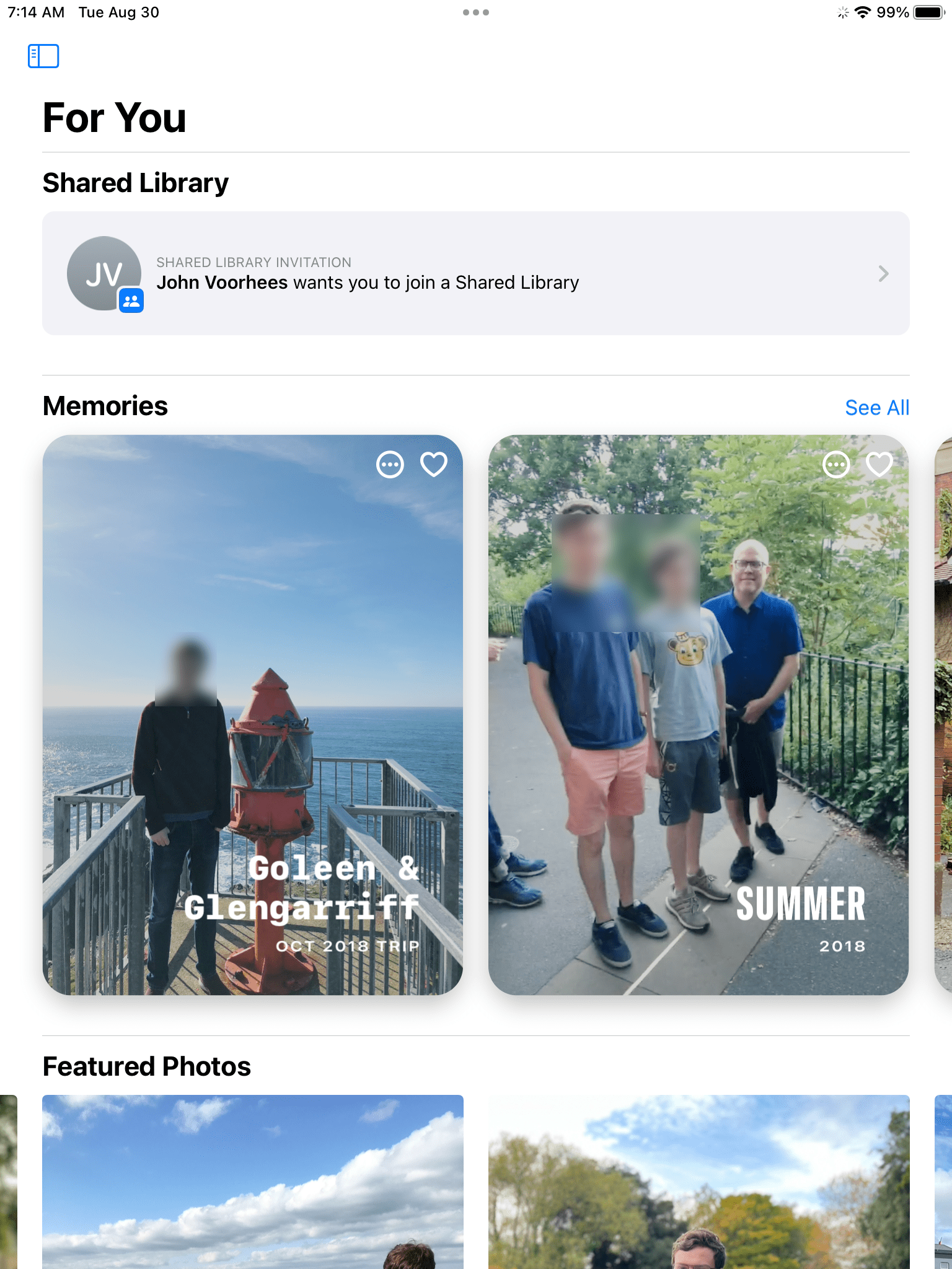 The invitation to a shared library shows up in the For You section of Photos.