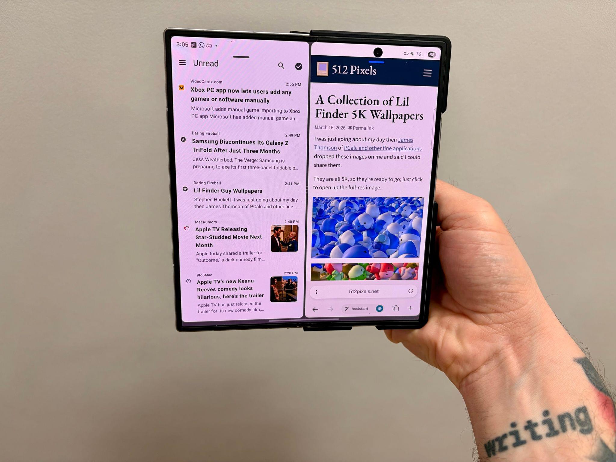 Split-screen apps on the Z Fold 7. I love this setup for catching up on RSS and social media. I expect it to be equally nice (if not better thanks to the rumored landscape form factor) on the iPhone Fold/Duo.