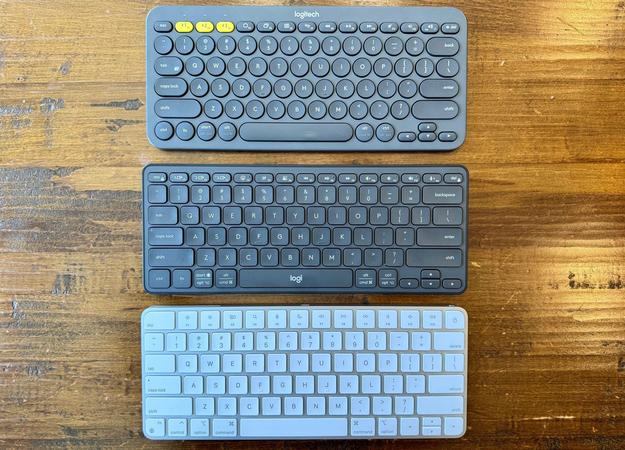 The Logitech K380 (top), the Casa Keys (center), and Apple's Magic Keyboard (bottom).