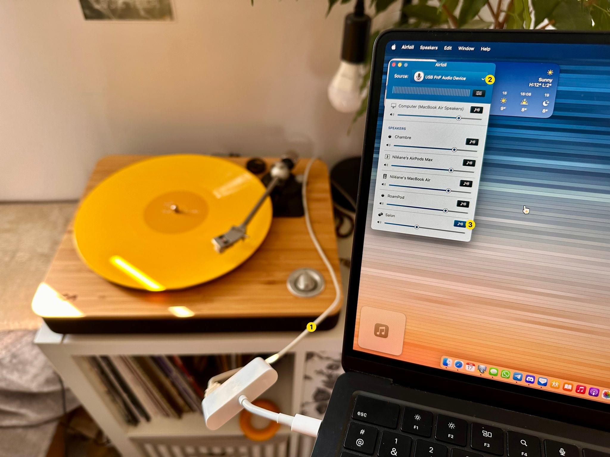 With my MacBook Air connected to the record player via USB (1), I am able to launch Airfoil and use the app to stream the input audio source (2) to our living room HomePod minis (3).